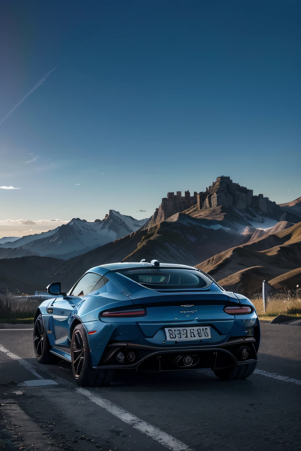 (Best quality, 8k, Masterpiece :1.2), hyper realistic, Cyberpunk, En montagne, Detail of the police blue d'une Aston Martins DBS 770, Les phares Arières form a line of rouge, The blue skyscraper in the background, la nuit, ((tourne le dos au public)),