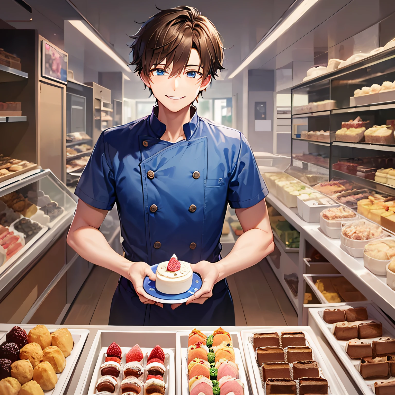 masterpiece、hightquality、25 year old man with short brown hair and blue eyes、Like a cartoon in Japan、wearing a blue chef's uniform、Face up、(Alone:1.5)、(A smiling expression of embarrassment:1.5)、(Only the upper body is shown.:1.3)、The background is a cake shop、Bold composition、