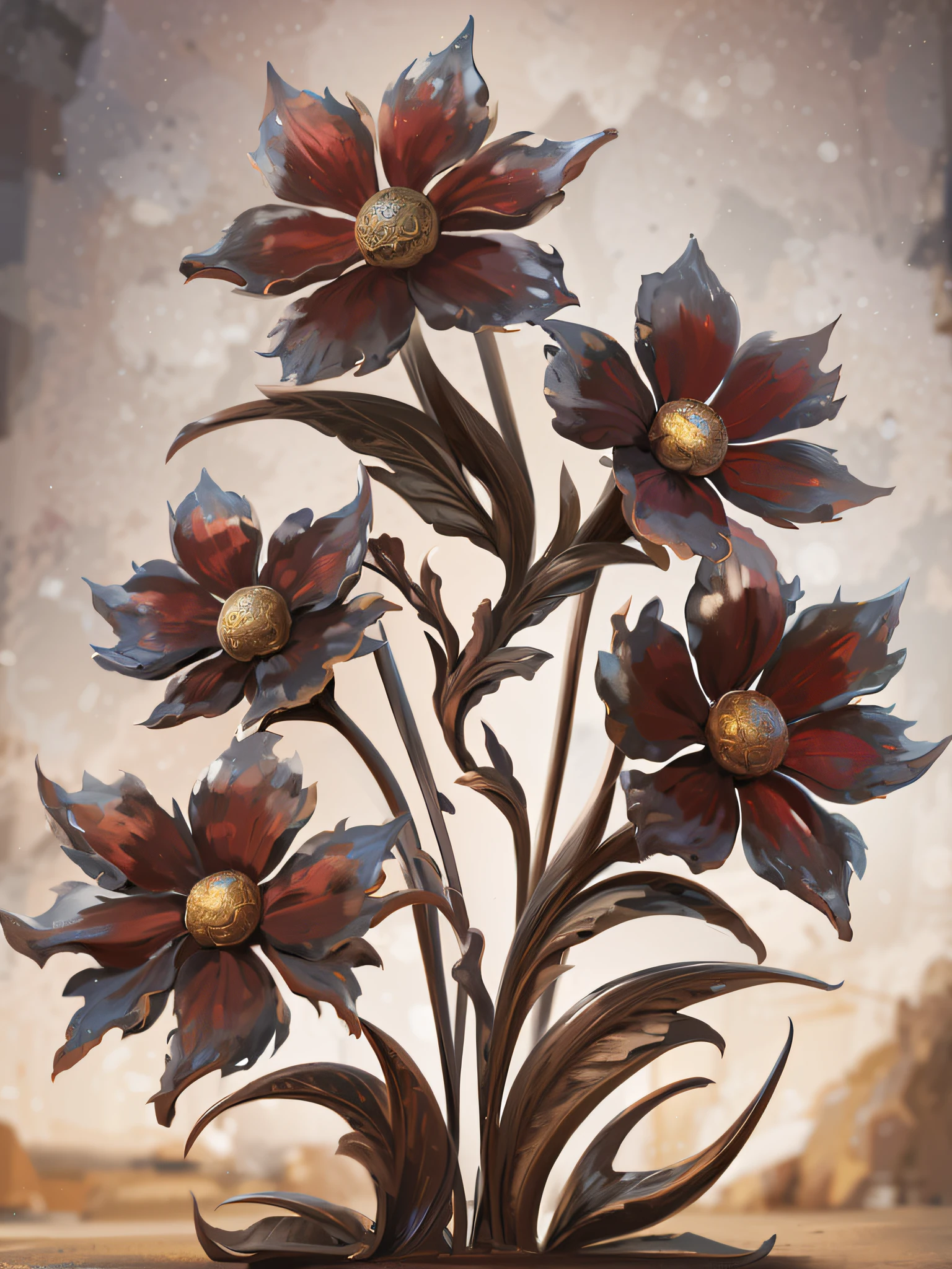 there is a metal flower sculpture on a table with a brown background, brown flowers, ornate flowers, decorative flowers, flowers. baroque elements, flowers with intricate detail, stylized flowers, decorative art, fantasy flowers and leaves, by George Barret, Jr., floral growth, ornate floral, sergey zabelin, gold flaked flowers, red flowers, mutated flowers