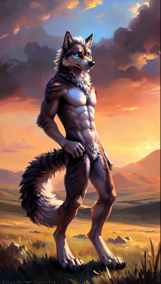 ((Solo)), male people, anthro wolf, (Multi-colored fur, White-brown:1.3,White tail pointed), (Height 2.1m,Tail length 1.5m), ((Wolf face, White hair, Big eyes, White eyelids, Blue pupil, Slim:1.2) (Tough, Calm expression:1.2)), Abs, Slim, pinging)), (Correct anatomy), Naked all over the body,A long big tail,Feet,(Realistic fur, Detailed fur texture, labeled:1.3)), (Natural lighting), Photorealistic, Hyperrealistic, ultradetailed, by Kenket,Endless grasslands,No artifacts