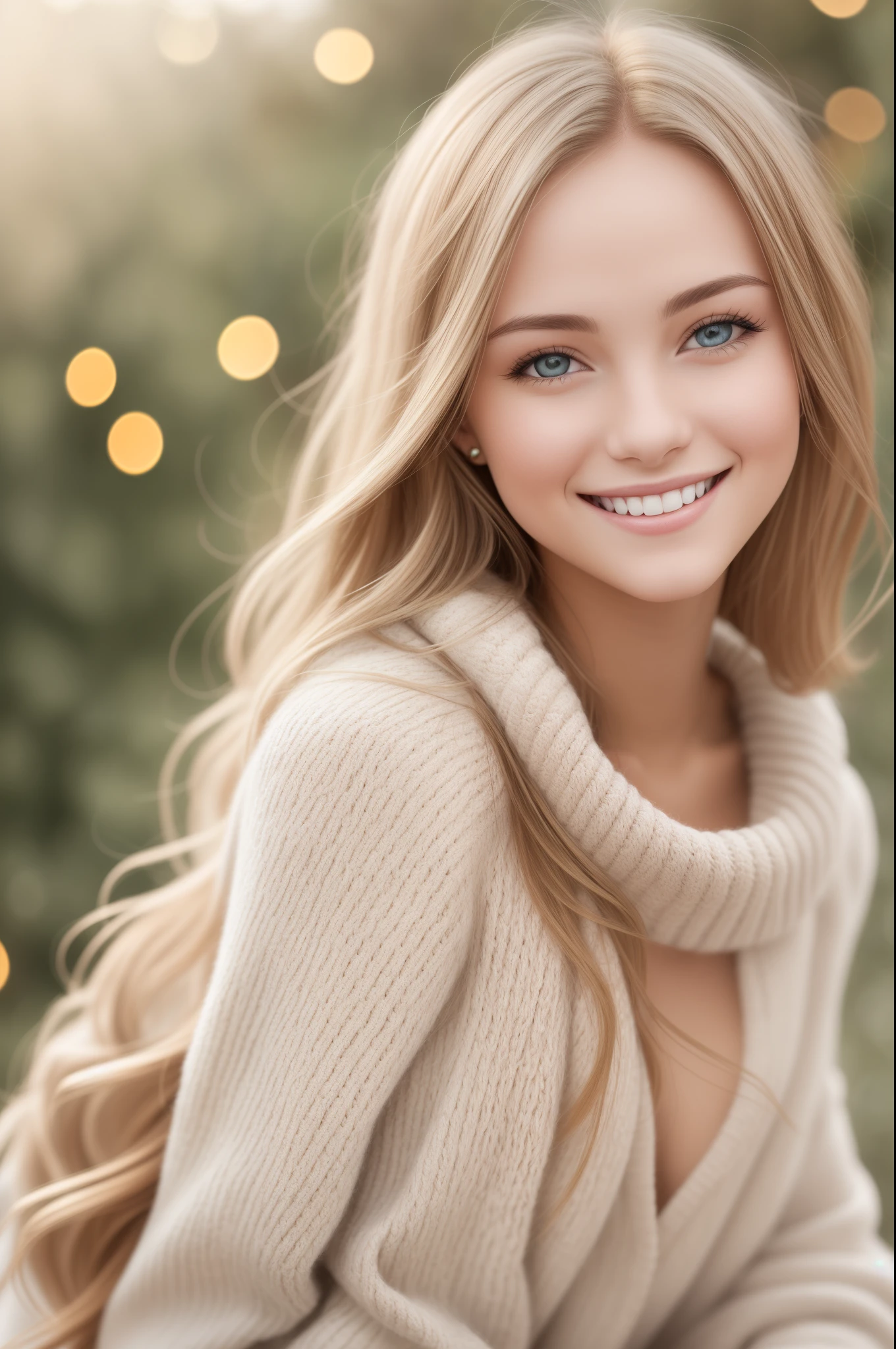 photorealistic natural very detailed skin, nice smile,beautiful blonde 21 year old girl in white narrow sexy woolen dress, christmassy environment,smiling happy, sunshine, canon d1 85 mm --auto --s2