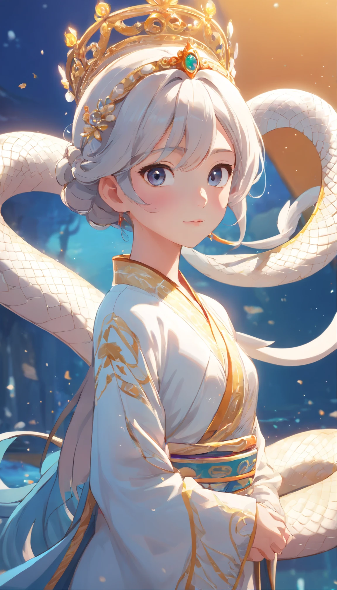 Pixar style super cute anthropomorphic white snake， Wearing Hanfu，Wearing a crystal crown on his head, Permanent, Charming big eyes, Cute tail, Permanent, Surreal, Super fine, posh, Graceful standing, Charming big eyes, Cute tail, Permanent, Surreal, 超詳細, posh, Elegant, Complex, a gorgeous, illusory engine, octaneratingrendering, 8K, VRAY surrealism