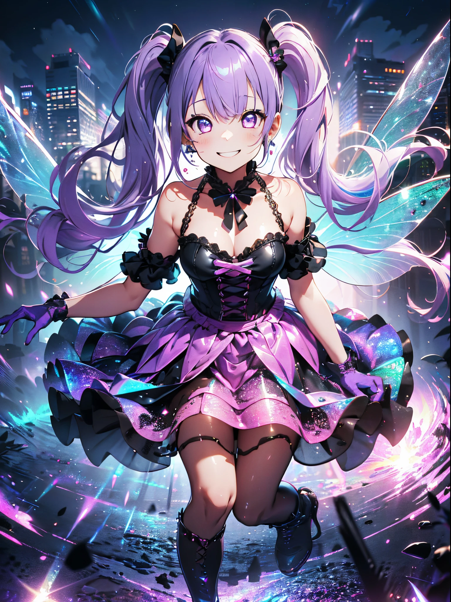 Top image quality、(((full body Esbian))),Standing picture、Outstanding style、Smile with all your might、beauty legs、Leather shoes、dynamicposes、, Younger、Gothic lolita, (((Light purple hair))), Purple eyes, (mascara), Blunt bangs, ((hair over eyes)), Long hair, mixed pink hair、pink mesh color、medium breasts, frilld,white frills, Black theme, BREAK ((Colorful, Vivid Color):1.3), (Shiny black dress that looks like a hologram:1.5), ((iridescent crinoline, Multilayer skirt that shines in black):1.4), (Gothic lolita:1.2), (lace-up:1.2), ((Sleeveless, Bare shoulders):1.2), (iridescent fairy wings:1.3), BREAK (Platform High Boots:1.1), (Long gloves:1.2), ((earrings, Riman):1.2), faithfully, (((Eye focus))), (((a smile))), the background is blurred, Empty eyes, Purple Theme、view the viewer, (((Night))), (((hair adornments)))