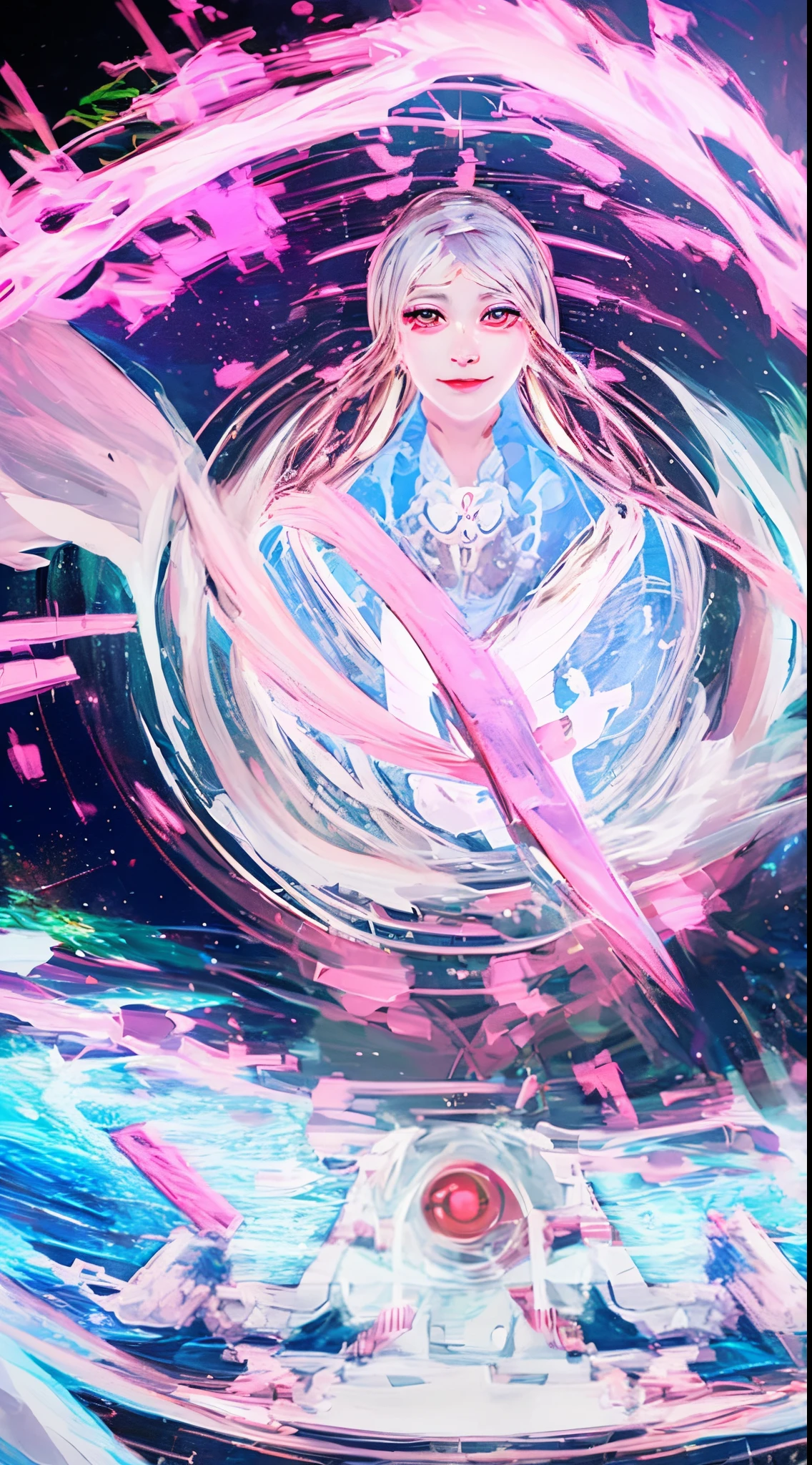 2womanl, Solo, White hair, Parted bangs, Forehead, Single long blade, Blue eyes, pink lips, White tank top, White pantie, Smile, Outdoors, white skin, really white skin, white and pink skin, glowing eye, sex, lesbian, , (high quality:2), 4kq