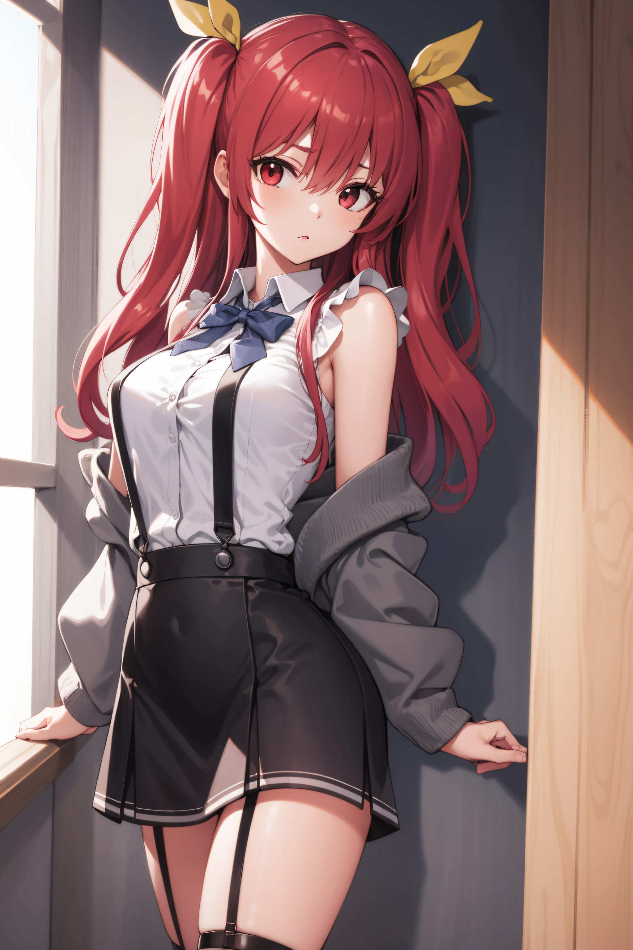 stellavermillion, stella vermillion, hair between eyes, hair intakes, hair ribbon, long hair, (red eyes:1.5), red hair, two side up, yellow ribbon,
BREAK black bowtie, white shirt, sleeveless, off shoulder, grey cardigan, open clothes, sleeves past wrists, black skirt, suspender skirt, thigh strap,
BREAK looking at viewer,
BREAK indoors, classroom
BREAK (masterpiece:1.2), best quality, high resolution, unity 8k wallpaper, (illustration:0.8), (beautiful detailed eyes:1.6), extremely detailed face, perfect lighting, extremely detailed CG, (perfect hands, perfect anatomy),