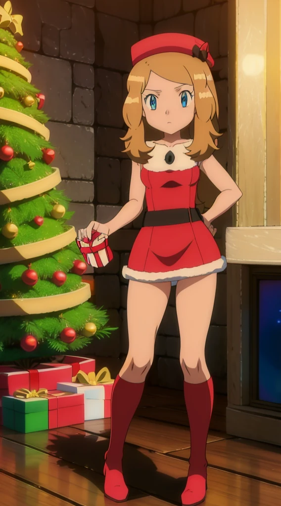 masterpiece, best quality, 1 solo girl, dark blonde hair, blue eyes, short hair, wavy hair, Christmas ornaments, medium breasts, mature body and face, red christmas dress, christmas, christmas light, christmas tree, red gloves, red santa skirt, holding gift, red bra, red panty, leg up, cowboy shots, sexy pose, dakimakura, detailed body, face, and eyes, sharp focus, vibrant, creative, dynamic, high definition, high resolution, 8k, (Upscale: R-ESRGAN 4x+ Anime6B), (Image enchance:4x), voluptuous body