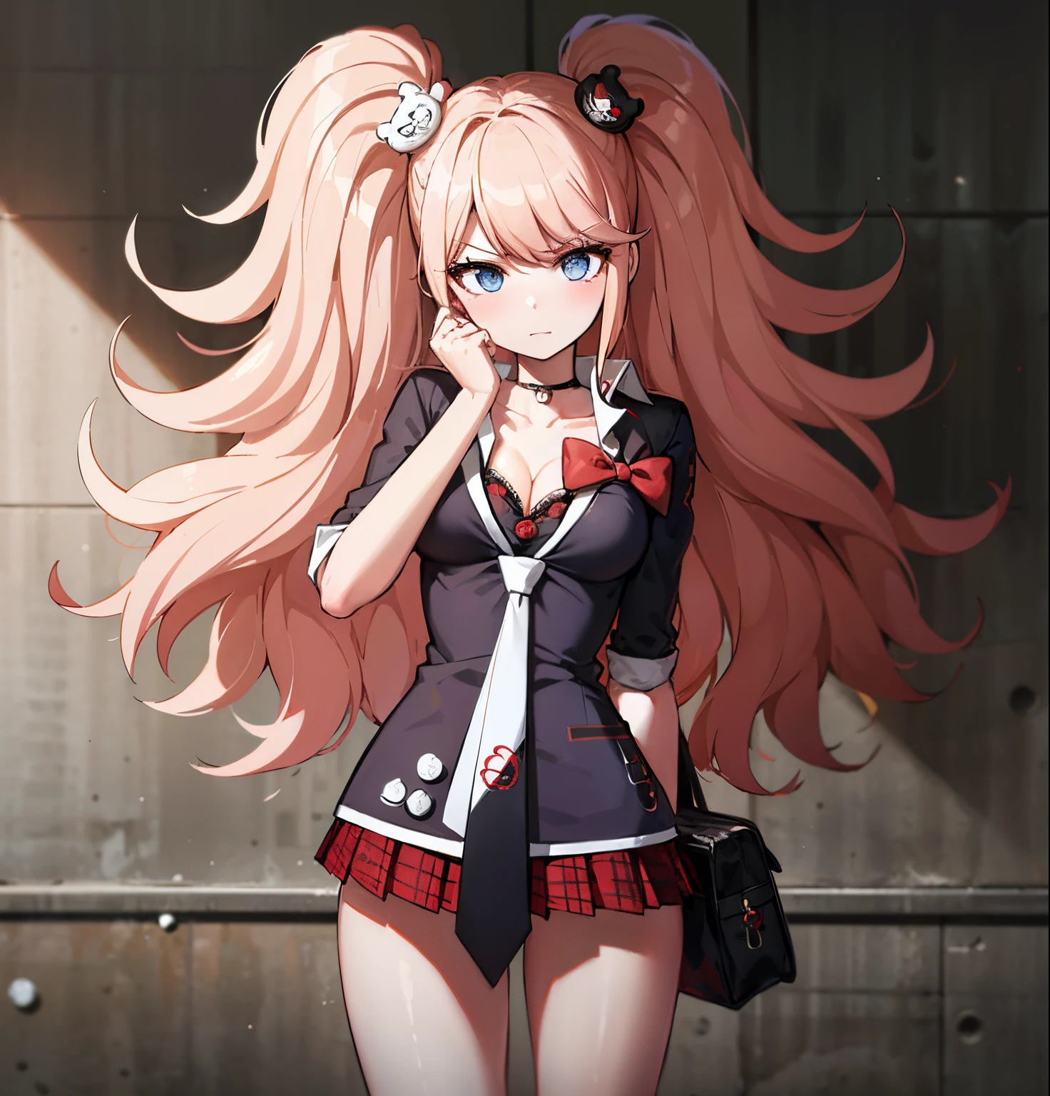 top-quality, 8K, ultra-detailliert, Photorealsitic, Junko Enoshima, pink gold long hair, 1girl in, Twin-tailed, 独奏, blue eyess,, bangss, bear hair ornament, (red claw), Red ribbons, Black shirt, undergarment, a choker, Black bra, cleavage of the breast, 鎖骨, Rolled up sleeves, white necktie, Red skirt with pleated plaid pattern, (student clothes), Black Cross Lace Knee Boots, Glossy, shinny hair, School scenery, school hallway, School windows, Tsundere、kawaii、get angry、get blush、Opening Mouth、a school bag、Beautiful hands、forefinger、Five Fingers、(Toenails)、(red claw), free pose,