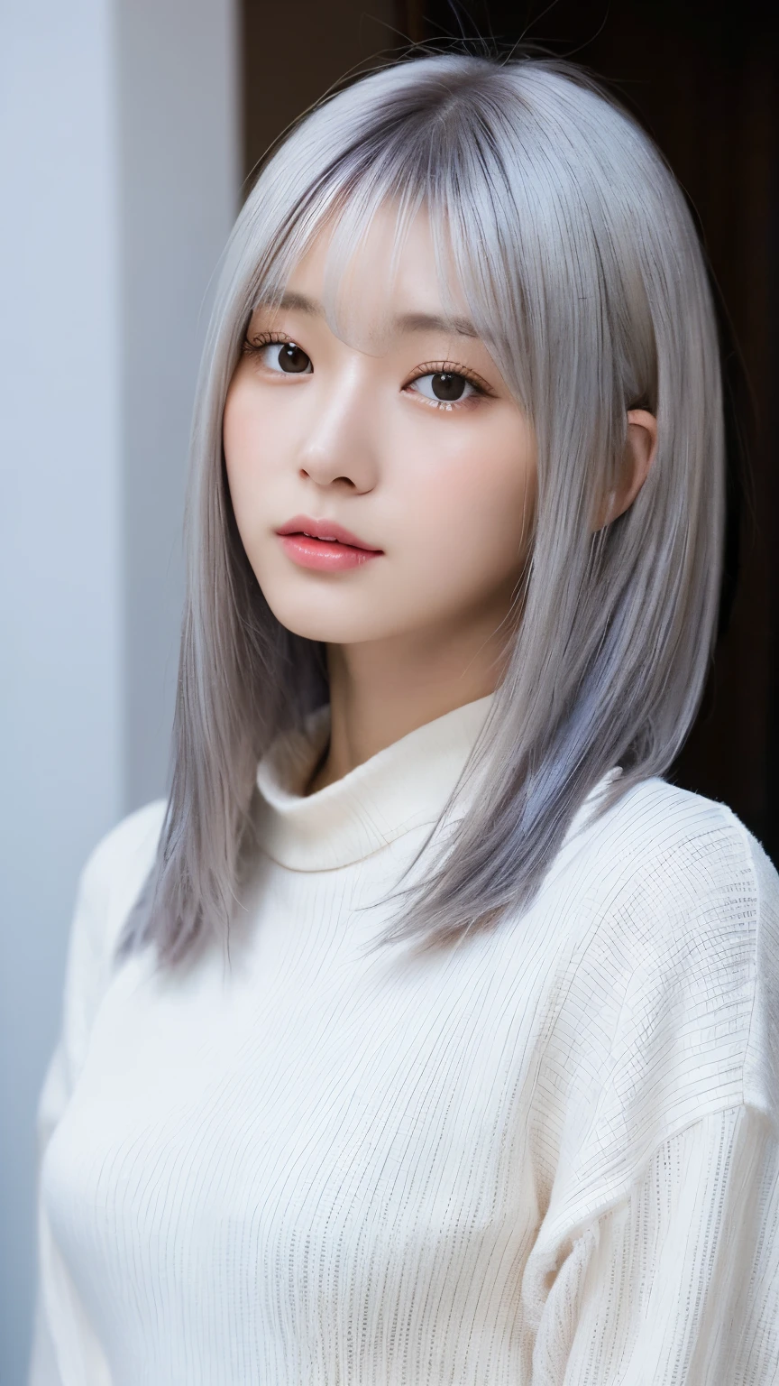 (top-quality、16K resolution)1人、独奏、natural soft light、small tits、A Japanese Lady、Looking at the camera、White long-sleeved knit、(Beauty Salon Background)、Facing the front、is standing、bobhair、Woman in her late teeight bangs、short-hair、Salon model、Natural look、portlate、floated hair、Rolled hair、Silver Hair Color