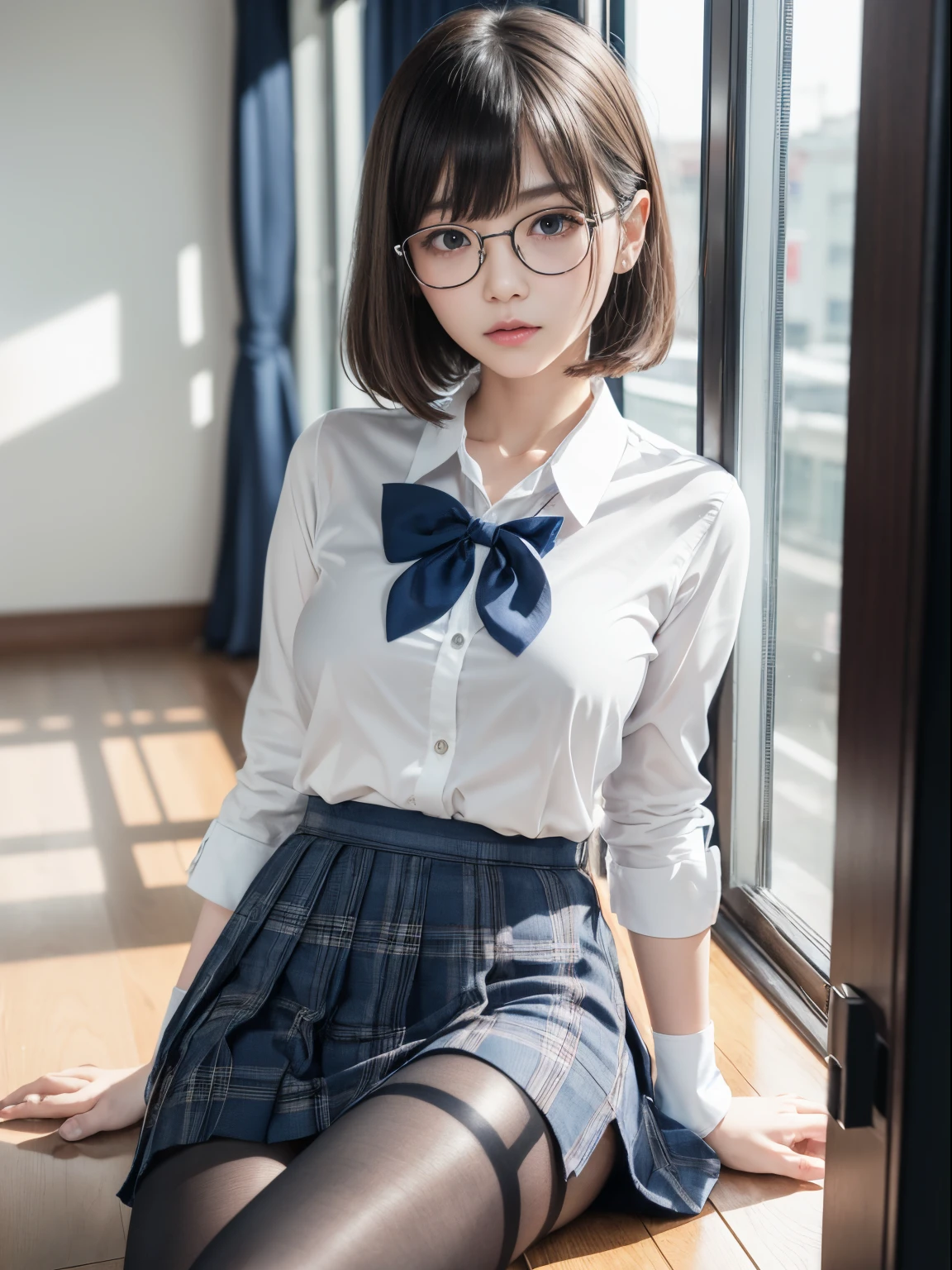 realistic pictures、realistic、uniform、high school girl、glasses、provocative face、cute、high-resolution、masterpiece、Award-winning work、realistic skin、detailed eyes、