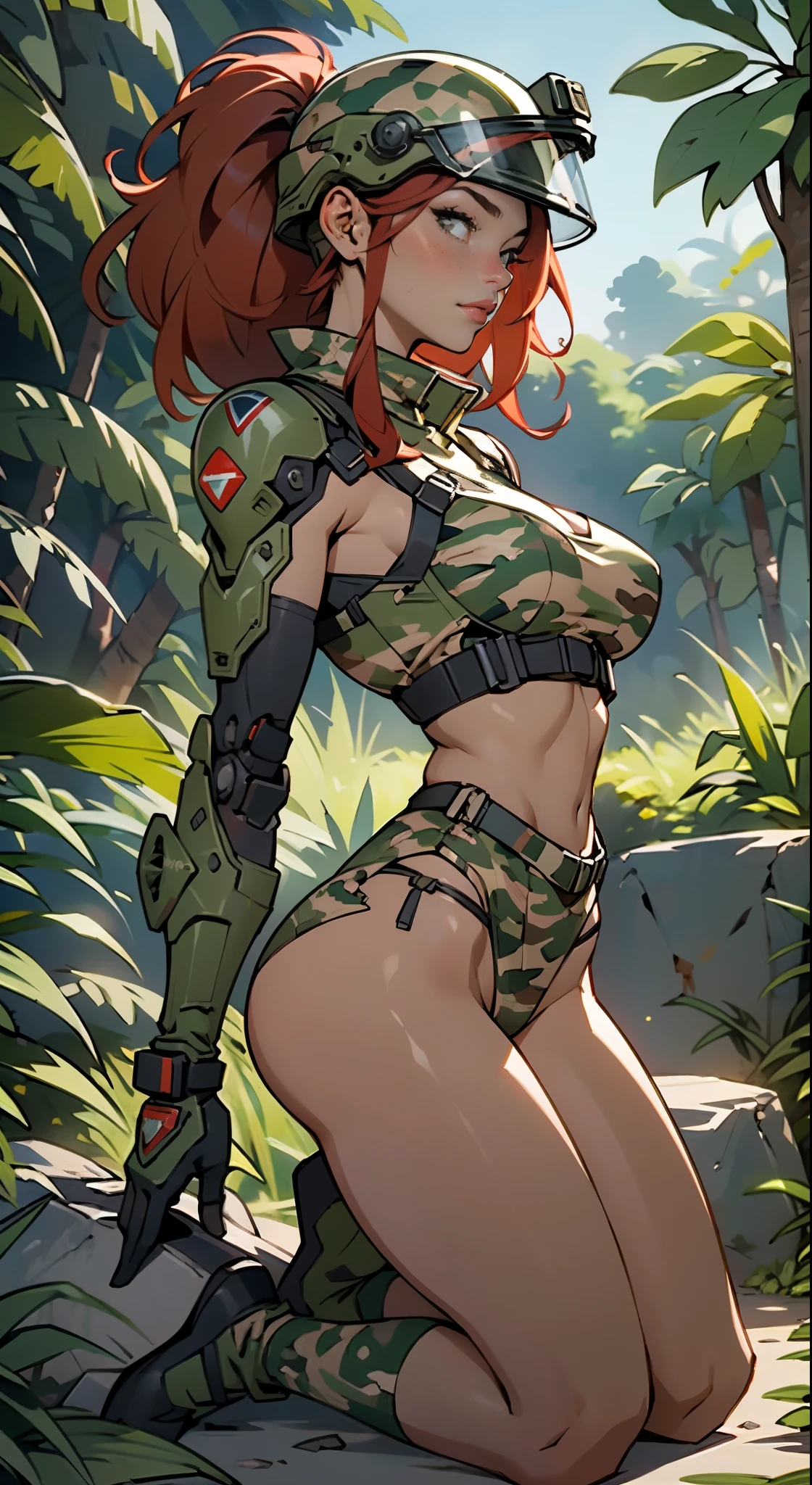 1woman 20 years old, max resolution, sculpted, military, wearing a soldier helmet, beautiful, perfect body, red hair, perfect body, thin waist, wide hips, large breasts, slim thighs, jungle background, armored vehicle, military robot dog, camouflaged uniform, tight panties, two-piece, highly detailed, high resolution, perfect hands, side view, camo, face turned to look at the viewer, turn the face to viewer, genuflection kneeling