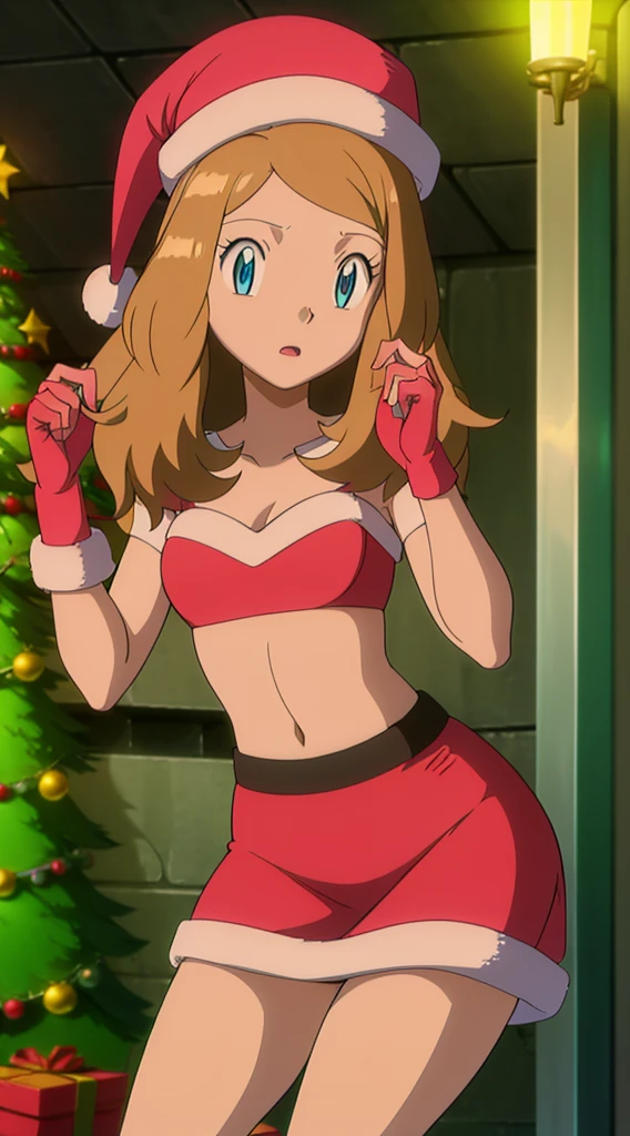 masterpiece, best quality, 1 solo girl, dark blonde hair, blue eyes, medium hair, wavy hair, Christmas ornaments, medium breasts, mature body and face, red christmas dress, christmas, christmas light, christmas tree, red gloves, red santa skirt, holding gift, red bra, red panty, leg up, cowboy shots, sexy pose, dakimakura, detailed body, face, and eyes, sharp focus, vibrant, creative, dynamic, high definition, high resolution, 8k, (Upscale: R-ESRGAN 4x+ Anime6B), (Image enchance:4x), voluptuous body