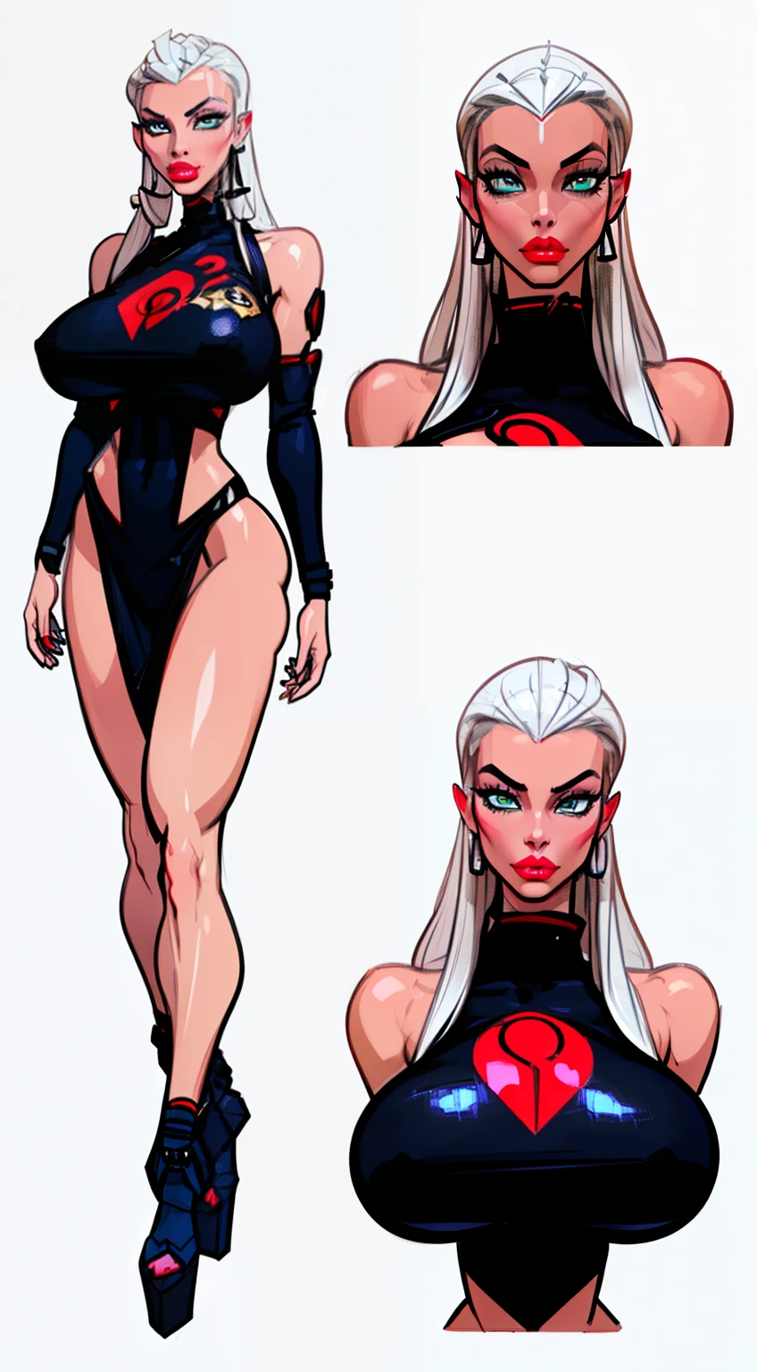 ((Queen La) ((masterpiece)),(((best quality))),((character design sheet)), ((full body view)) ((cyberpunk empress)) mature face, ((middle eastern eyes:1.4)), ((silver cybernetic gown)), (((intricate futuristic breastplate))), defined cheekbones, high cheekbones, illustration, muscular, ((cyber silver:1.4)), sexy bimbo, (gigantic breasts:1.7) black hair, ((detailed face:1.4)) beautiful woman, (Chinese:1.4) (white skin:1.4) , (red lipstick:1.4), shiny skin, scribbles and marks,(puffy lips:1.4) , rough sketches, pose, 8k,16k, (simple background, white background: 1.3) ((cool color palette)), ((cyberpunk aesthetic))