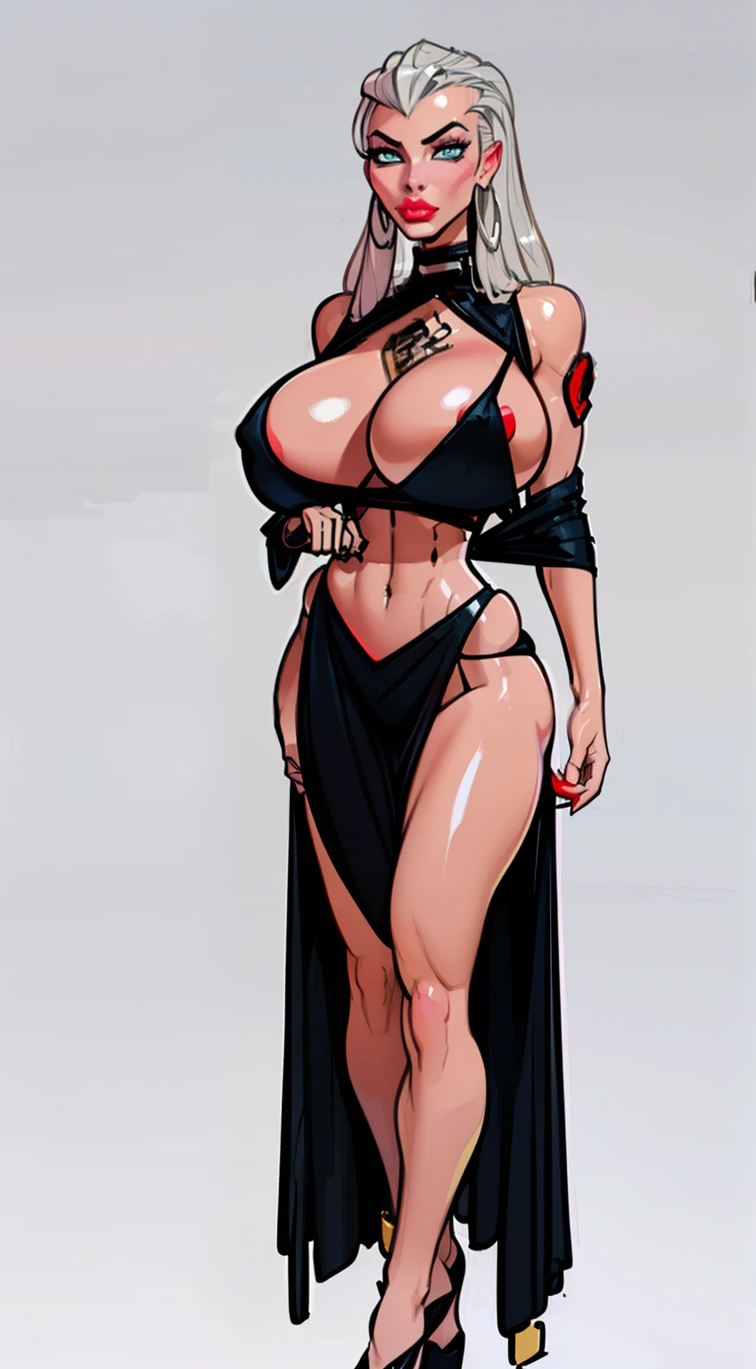 ((Queen La) ((masterpiece)),(((best quality))),((character design sheet)), ((full body view)) ((cyberpunk empress)) mature face, ((middle eastern eyes:1.4)), ((silver cybernetic gown)), (((intricate futuristic breastplate))), defined cheekbones, high cheekbones, illustration, muscular, ((cyber silver:1.4)), sexy bimbo, (gigantic breasts:1.7) black hair, ((detailed face:1.4)) beautiful woman, (Chinese:1.4) (white skin:1.4) , (red lipstick:1.4), shiny skin, scribbles and marks,(puffy lips:1.4) , rough sketches, pose, 8k,16k, (simple background, white background: 1.3) ((cool color palette)), ((cyberpunk aesthetic))