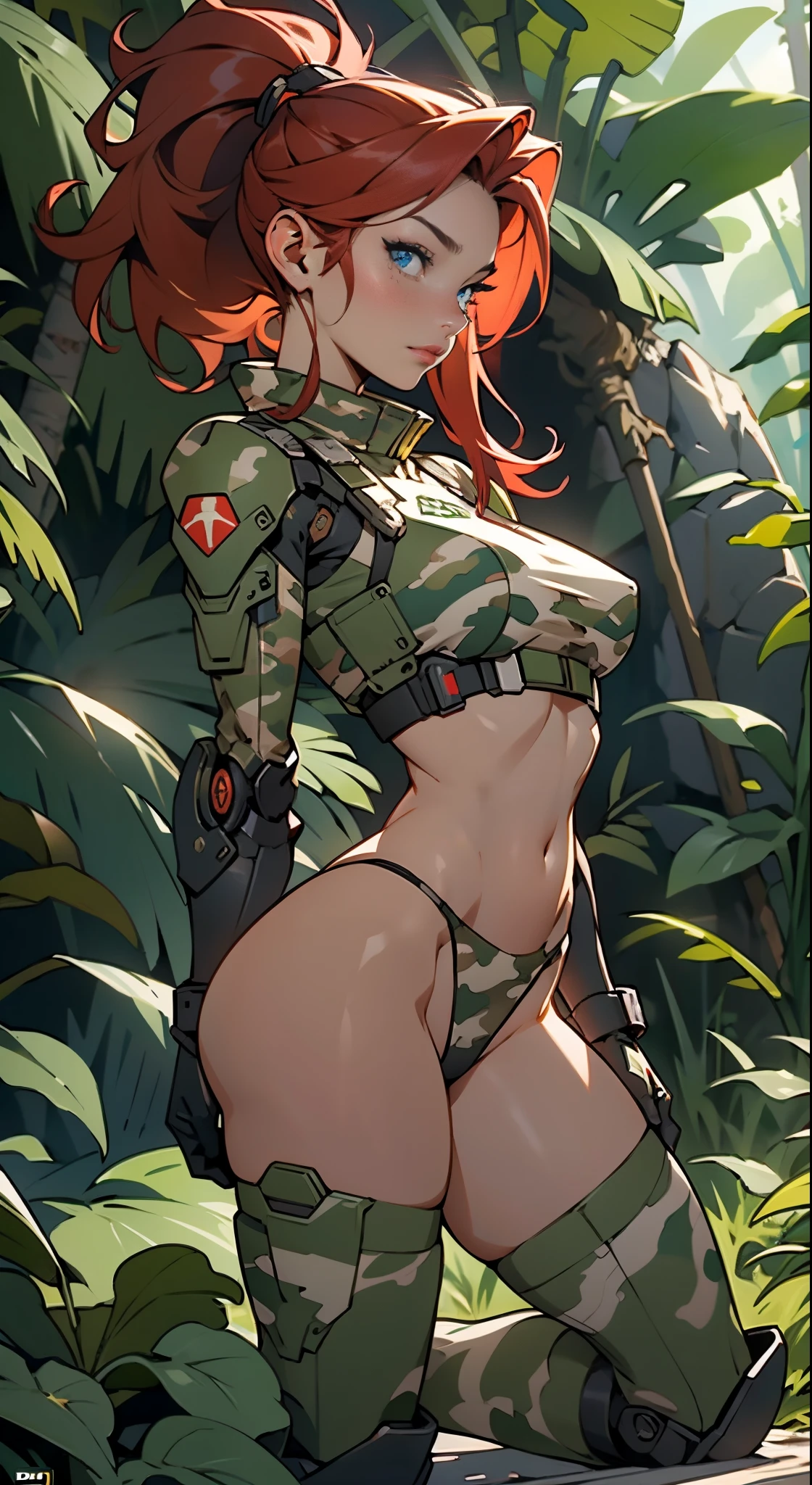 1woman 20 years old, max resolution, sculpted, military, wearing a soldier helmet, beautiful, perfect body, red hair, blue eyes, perfect body, thin waist, wide hips, large breasts, slim thighs, jungle background, armored vehicle, military robot dog, camouflaged uniform, tight panties, two-piece, highly detailed, high resolution, perfect hands, side view, camo, face fully turned to the side to look at the viewer, turn the face to viewer, genuflection kneeling