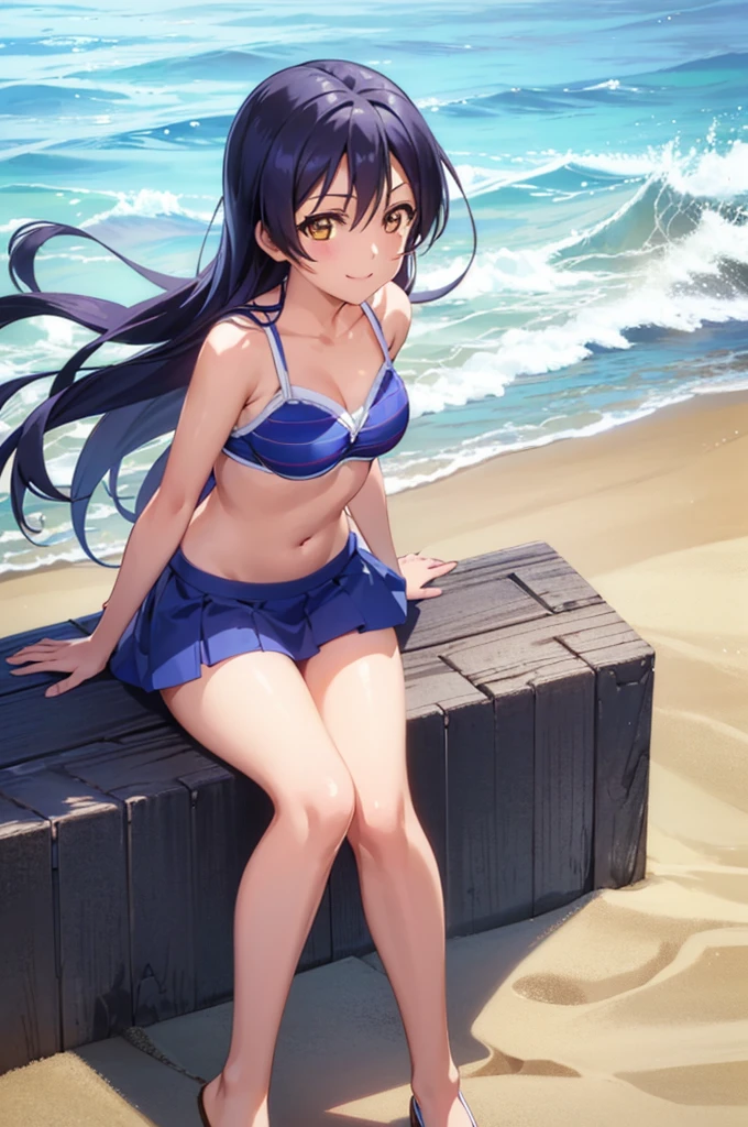 (((pixel-perfect, detail-perfect))), solo, 1girl, umi sonoda,, looking at viewer, smile, on the beach, swimsuit, bikini skirt