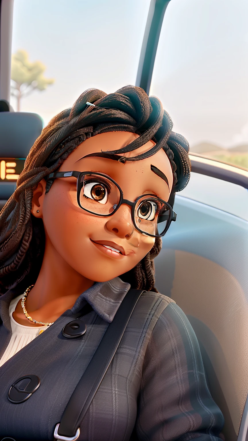there is a woman with glasses sitting in a car, with brown skin, dark skinned, ☁🌪🌙👩🏾, dark-skinned, profile image, very dark brown skin!, dark natural glow, dark skin, brown skinned, profile picture, young black woman, taken in the early 2020s, light-brown skin, dark black skin