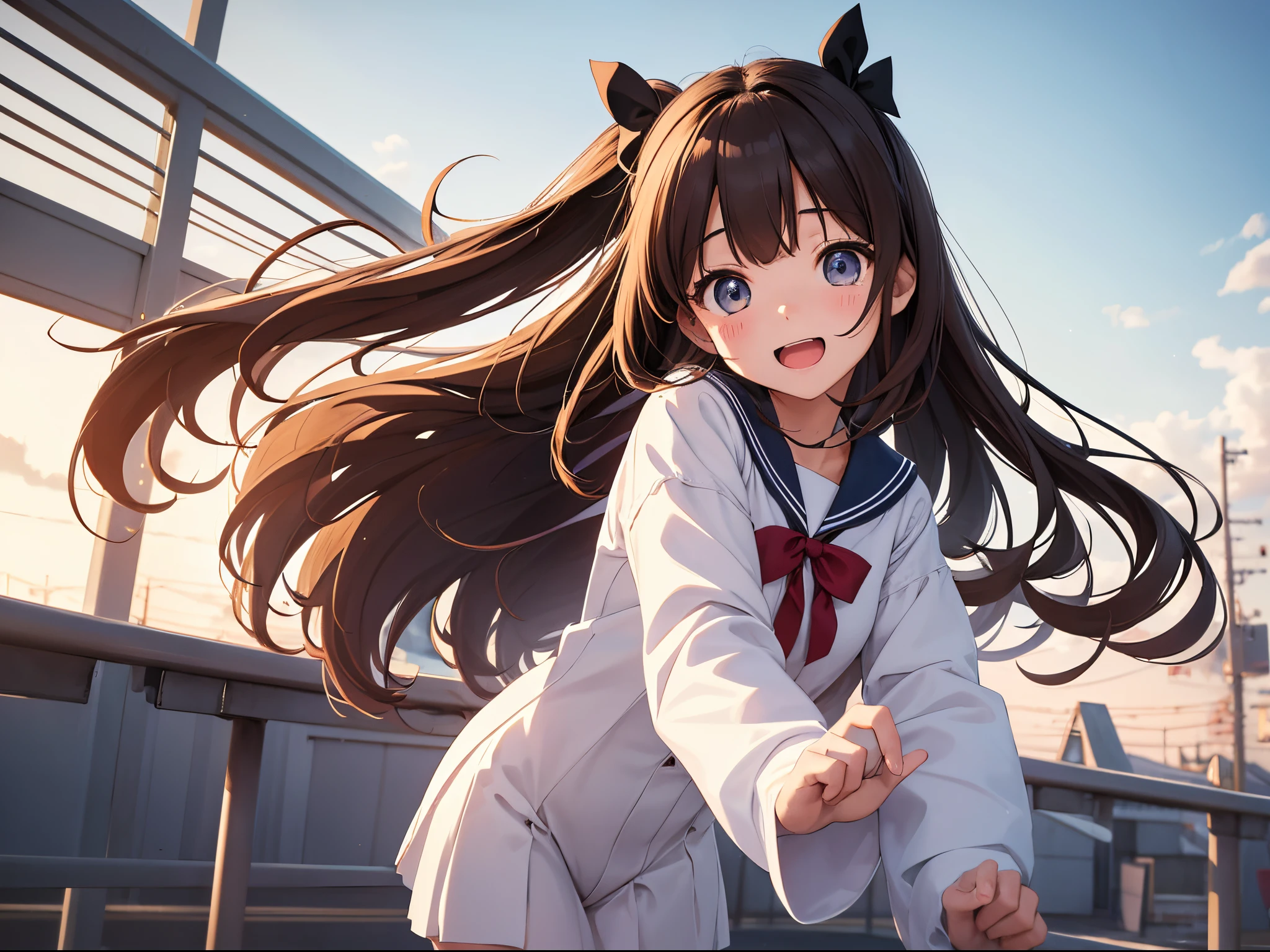 High school student in white long-sleeved sailor suit、long brown hair girl with black ribbon、I spread my arms out and jumped big, cheering up the evening sky.、Single, big eyes、kawaii、great laughter、