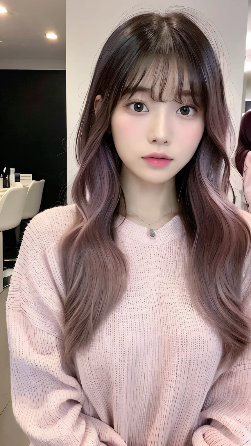 (top-quality、16K resolution)女の子1人、独奏、natural soft light、small tits、A Japanese Lady、Looking at the camera、White long-sleeved knit、(Beauty Salon Background)、Facing the front、is standing、bobhair、Woman in her late teens、Light bangs、short-hair、Salon model、Natural look、portlate、floated hair、Rolled hair、A dark-haired (Pink Inner Hair: 1.3)