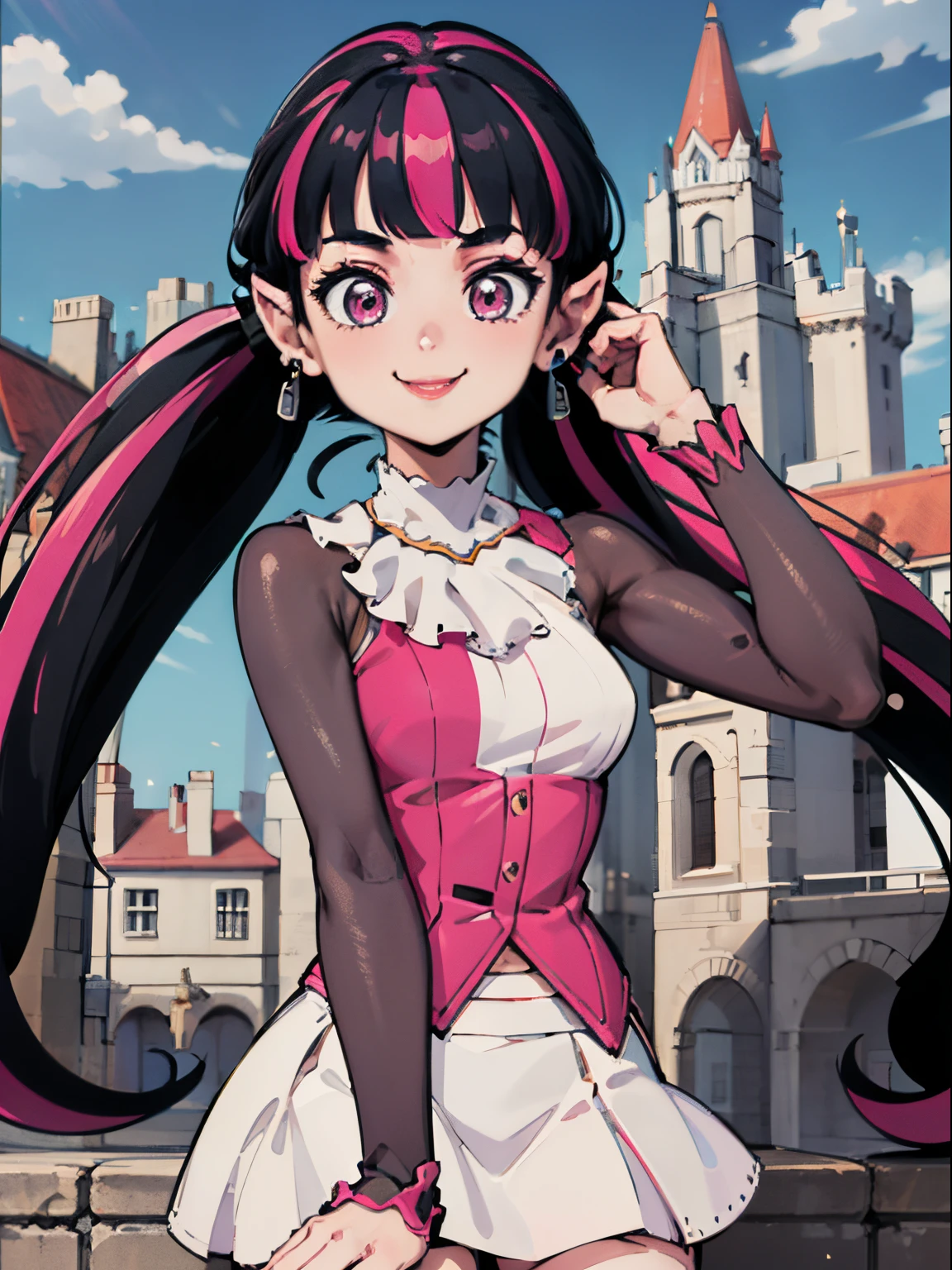 ((masterpiece,best quality)), absurdres,
draculaura_mh, white skirt, smile, adjusting hair, black sleeves, castle on background