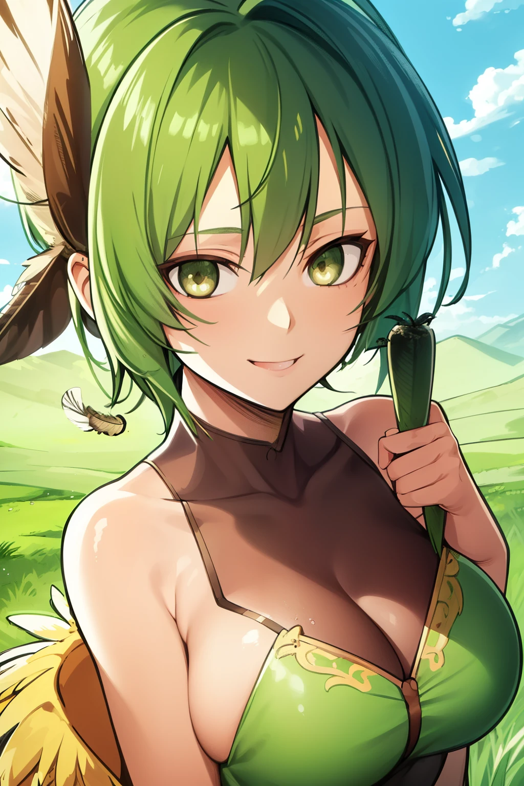 Very cute girl, yellow eyes, beautiful smile, green hair, short hair, two feathers on the front of her head, sexy, sexy body, 4K high quality,Eat corn, On the front of her head, above her forehead, there are two feathers standing upright on one side, and on the other side there is also one.