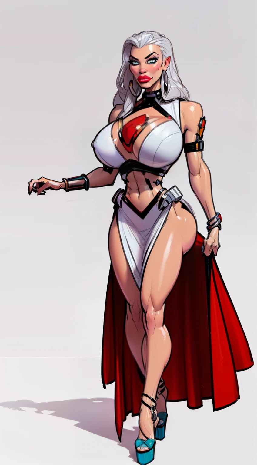 ((Queen La) ((masterpiece)),(((best quality))),((character design sheet)), ((full body view)) ((cyberpunk empress)) mature face, ((middle eastern eyes:1.4)), ((silver cybernetic gown)), (((intricate futuristic breastplate))), defined cheekbones, high cheekbones, illustration, muscular, ((cyber silver:1.4)), sexy bimbo, (gigantic breasts:1.7) black hair, ((detailed face:1.4)) beautiful woman, (Chinese:1.4) (white skin:1.4) , (red lipstick:1.4), shiny skin, scribbles and marks,(puffy lips:1.4) , rough sketches, pose, 8k,16k, (simple background, white background: 1.3) ((cool color palette)), ((cyberpunk aesthetic))
