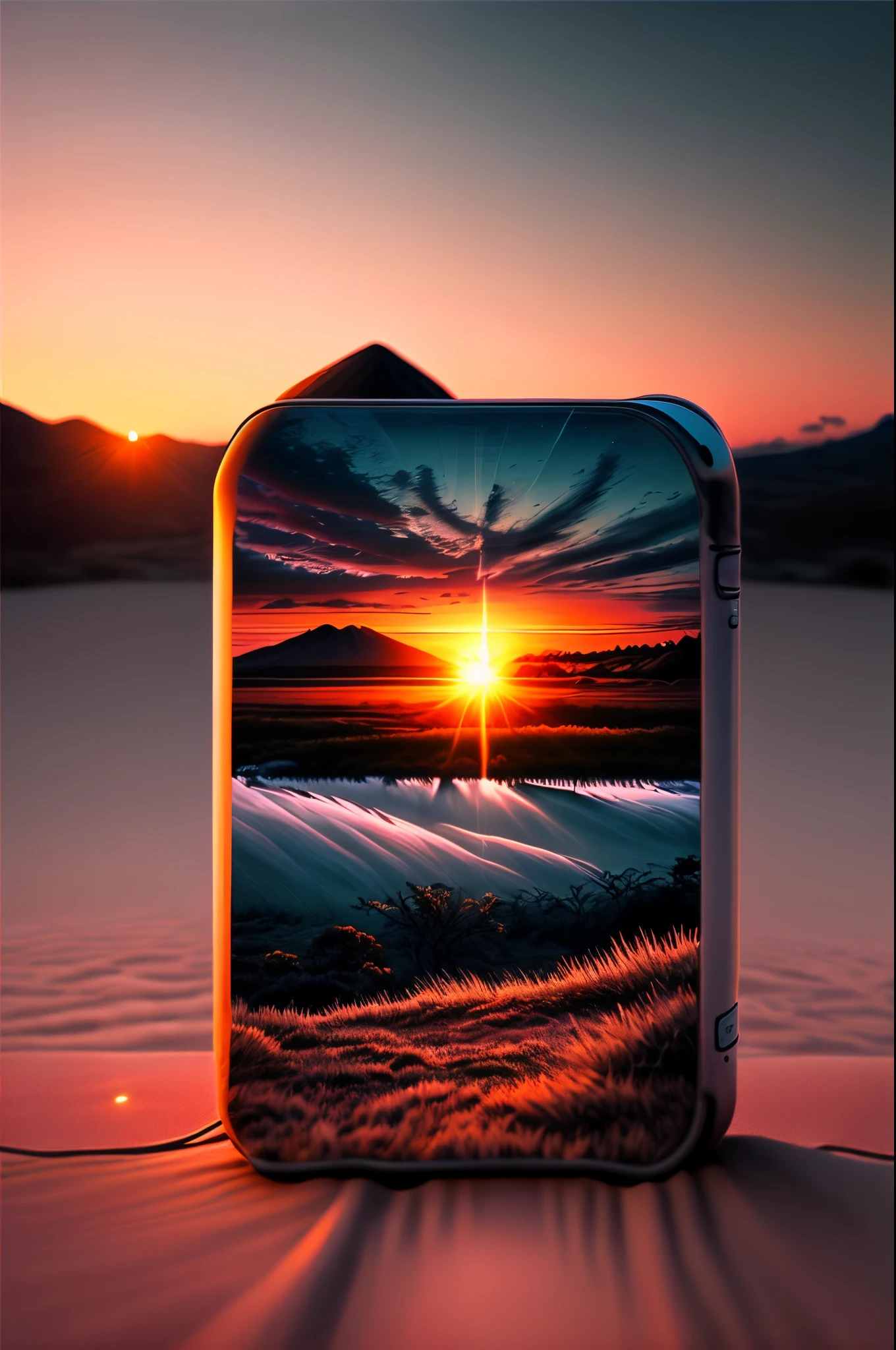 Crie uma imagem do por do sol com montanhas ao fundo
