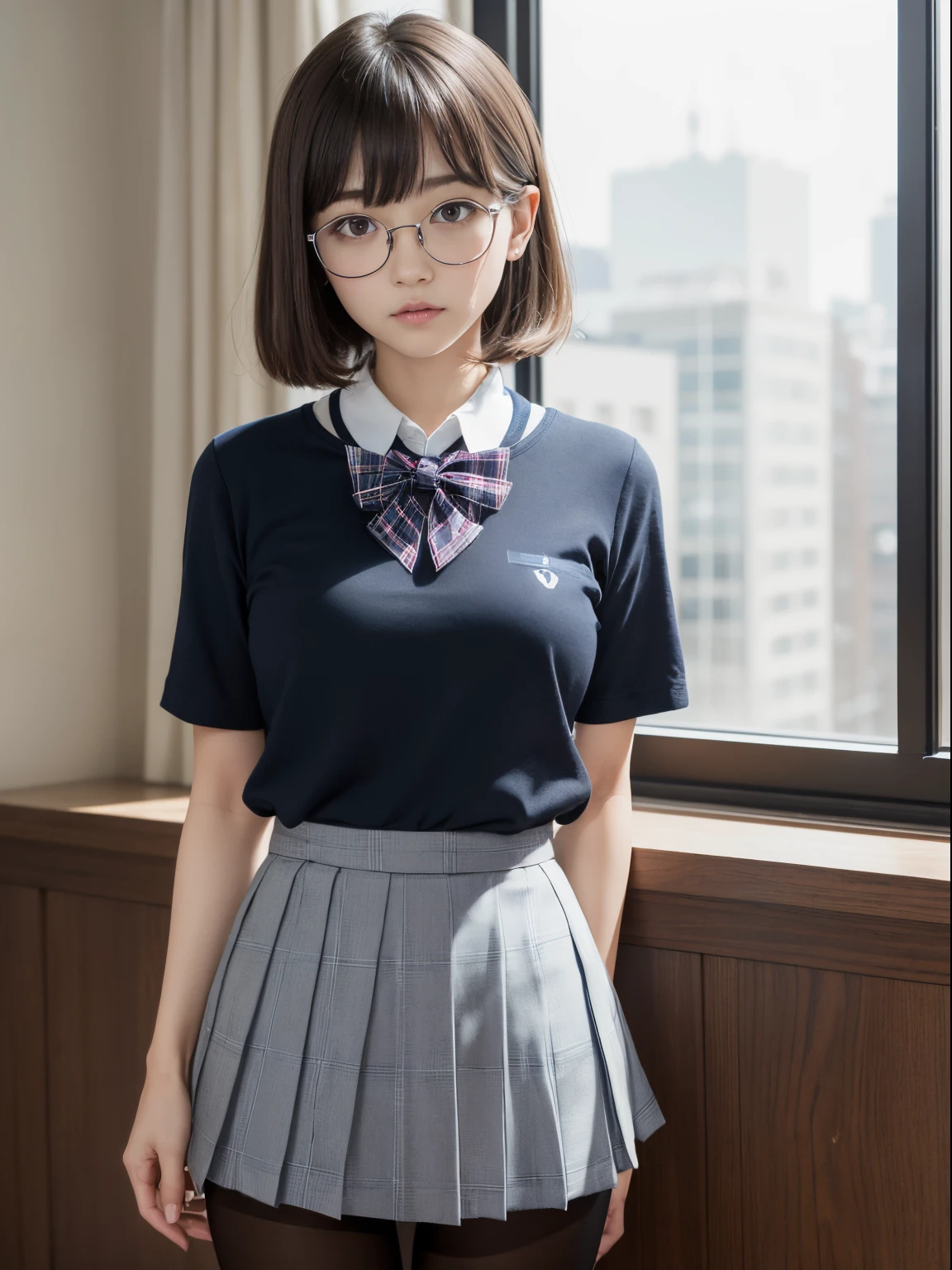 (8K、Raw photography、top-quality、masterpiece:1.2),Bullish,Muchimuchi,Erotic,Pupils,Light Blue Bra,de pele branca,kne,(Black pantyhose),absurderes,a small face,,flat breast,Parting the bangs from the middle、Forehead visible,(a cold expression,Tight eyes,glares,Bullish,skinny,Rasping,irate)、masterpiece,top-quality、超A high resolution,Raw photo,ren,Beautiful fece,One Person, solo,eye glass,,Dark look,Small breasts,fullllbody,Round glasses、cute little、JK ,hi-school girl,A Japanese Lady,is standing,(Photorealsitic:1.37)、Photon mapping,Realistic、Cute little face,Brown-eyed、Black socks、(Red bow tie)、Radio City、Physically Based Rendering、Foreground、depth of fields、Blurry background、a picture,The girls、Body,beauty legs, Long legs, Thin leg,(shorttwintail),(Bangs are visible), hair, s lips, Blue_The eye, nosesoft,(Light blue shirt), (Navy and blue and white plaid pleated skirt), Knees are visible,Sheer clothing,, Thigh, Black cotton socks,Nogizaka Idol, , Japanese ido