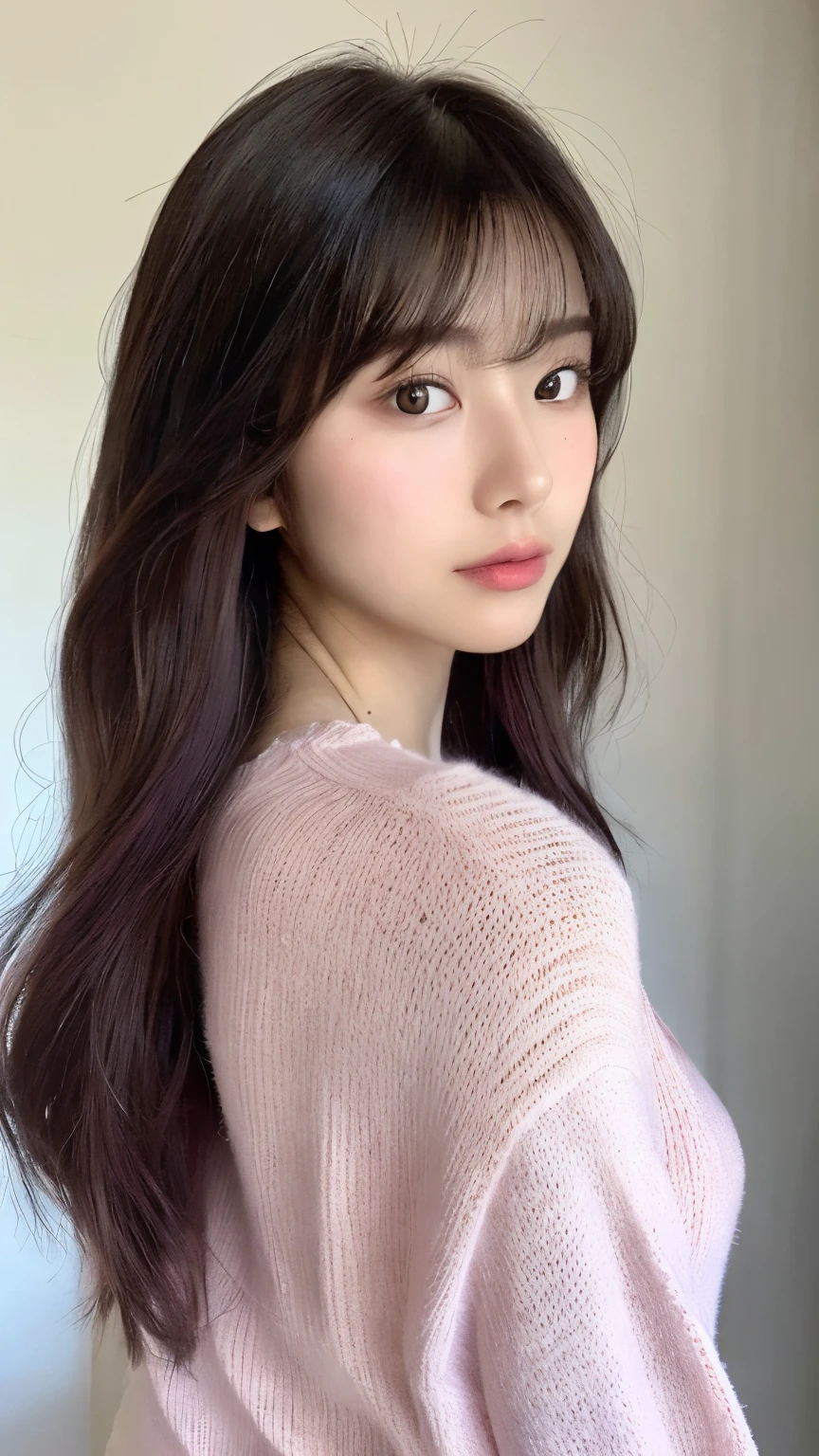 (top-quality、16K resolution)1人、独奏、natural soft light、small tits、A Japanese Lady、Looking at the camera、White long-sleeved knit、(Beauty Salon Background)、Facing the front、is standing、bobhair、Woman in her late teeight bangs、short-hair、Salon model、Natural look、portlate、floated hair、Rolled hair、A dark-haired (Pink inner hair: 1.2)