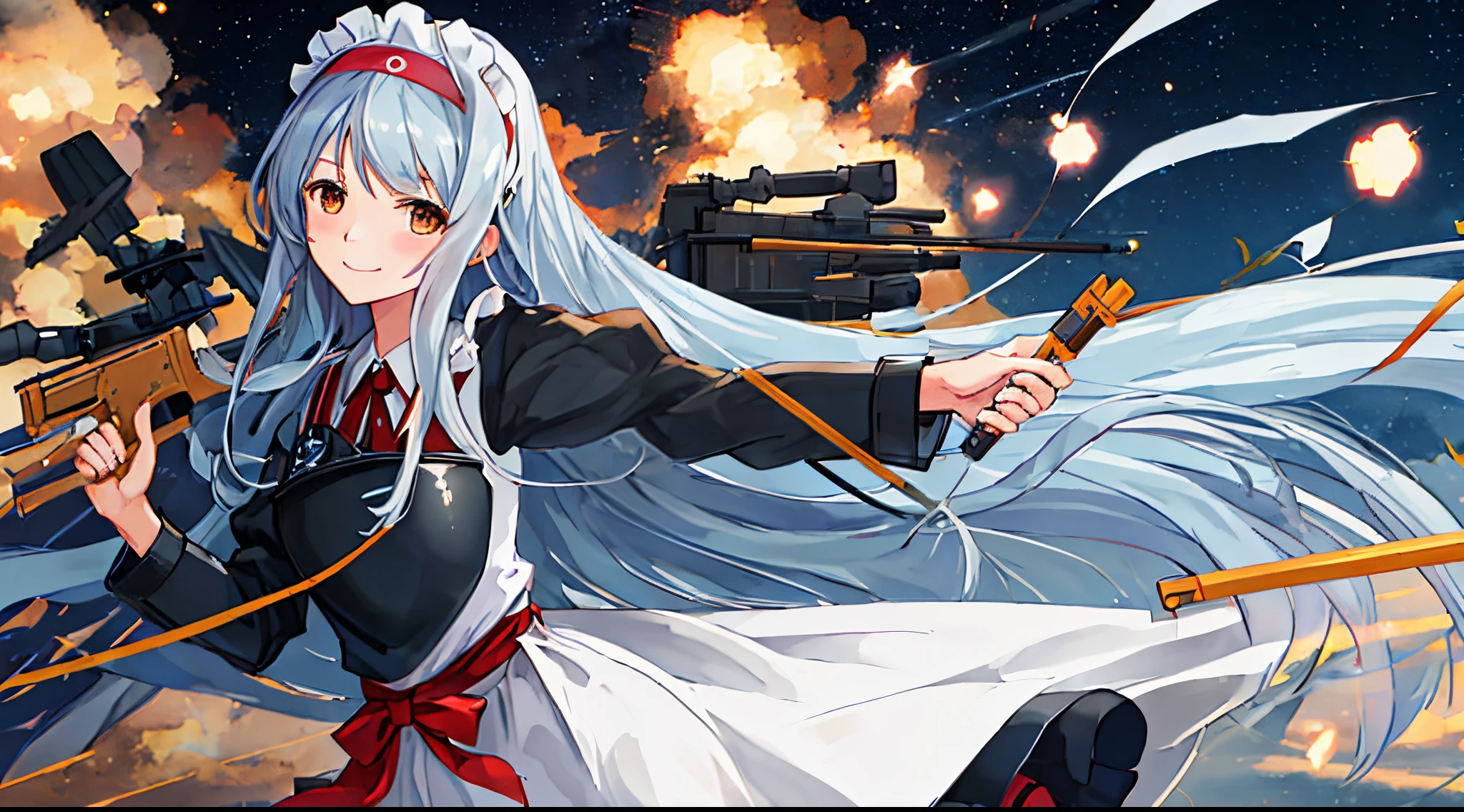A woman in a white dress holds a gun,Stand on a battleship, Kantai collection style, kancolle, azur lane style, konpeki no kantai, girls frontline style, from girls frontline, girl with warship parts, 4k manga wallpapers, HD anime wallabies 3D