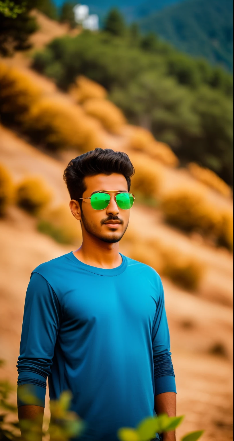 arafed man in a blue shirt and sunglasses standing in front of a hill, in front of a forest background, in sunny weather, hills in the background, ayan nag, with sunglass, amidst nature, roshan, in mountains, mohamed chahin, around 1 9 years old, nivanh chanthara, with trees, riyahd cassiem