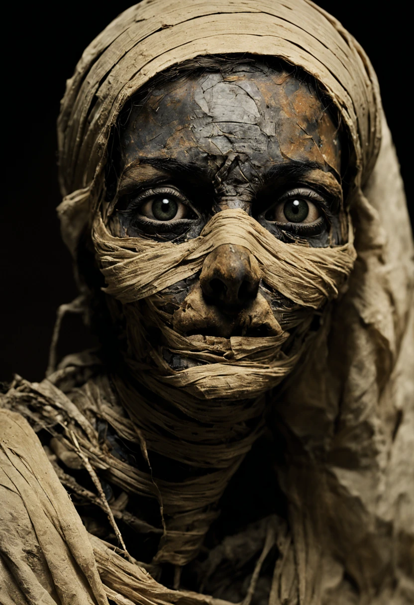 The mummy was covered with several layers of bandages that wrapped her body from head to toe. The bandages were dirty and torn in places, indicating that the mummy had not received proper care for a long time. The face of the mummy was distorted and withered, the skin was stretched tight over the bones of the skull, which gave it a creepy appearance. The mummy's eyes were covered with a thin film that hid them from the outside world. The teeth of the mummy were crooked and rotten, and the jaws were strongly tightened. The skin on the hands and feet of the mummy was covered with deep scars and scars, which indicated that she had experienced many injuries and mutilations. The mummy's hair was gray and sparse, and on her head was a small turban made of a bandage. In general, the mummy looked like a creepy monster that was deprived of life, but still retained its human form.