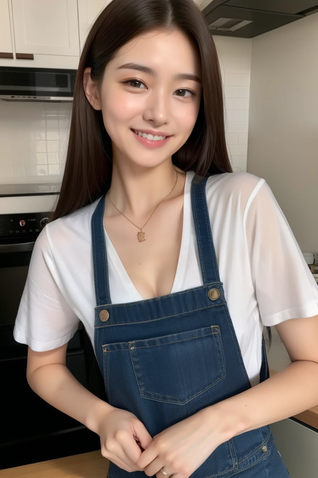 1 female junior high school student、cup、clavicle、She is smiling、Nude Overalls、unbelievably big breasts、The chest is wide open、