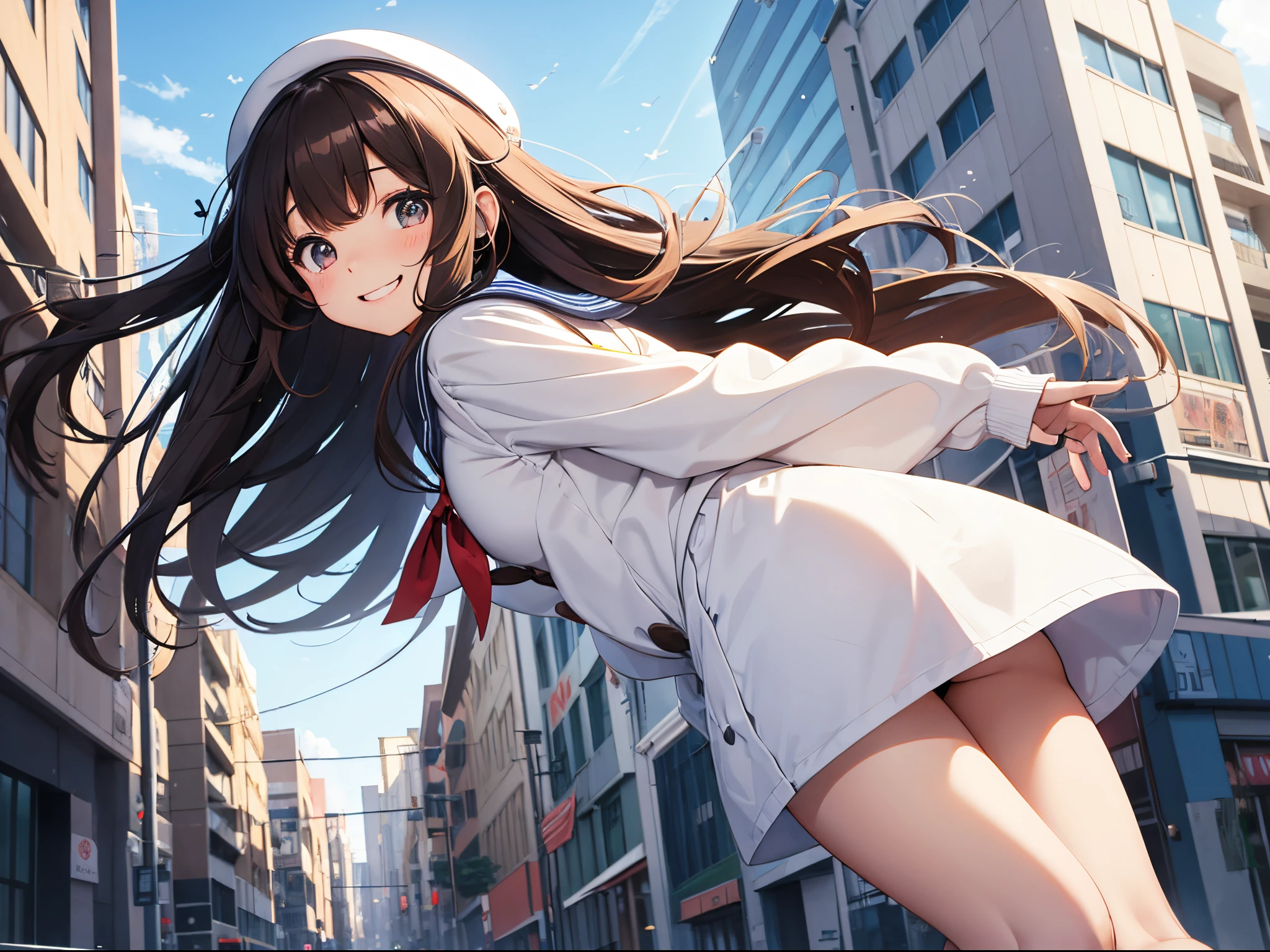 High school student in white long-sleeved sailor suit、long brown hair girl with black ribbon、Single, big eyes、Cute smile、 Jump between buildings、
