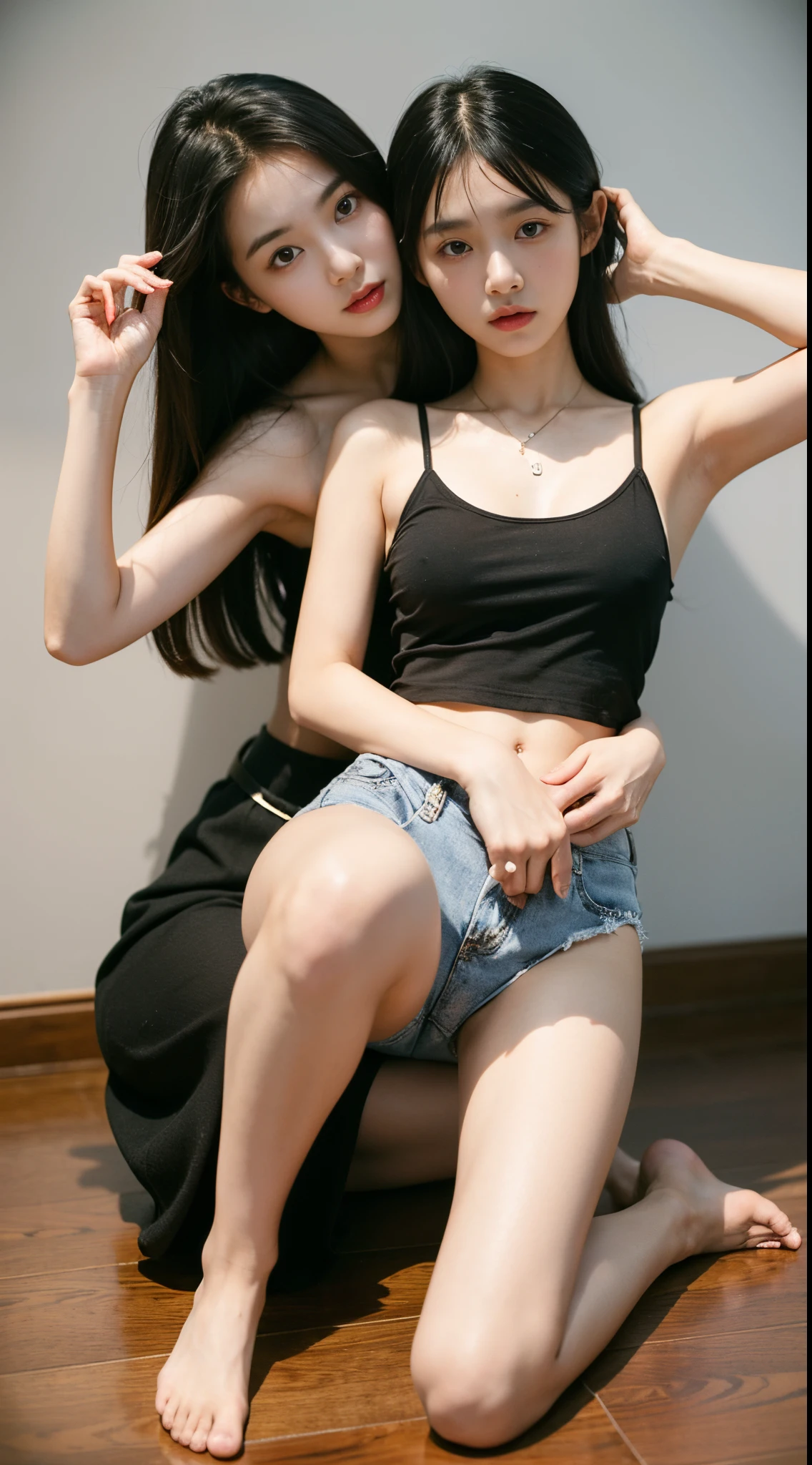 (((2  girls,Duo,Petting the))),Clear black camisole vest、Slim  Korean girl、Exposing armpits、(full body seen:1.3)、(Frame from head to toe:1.3)、