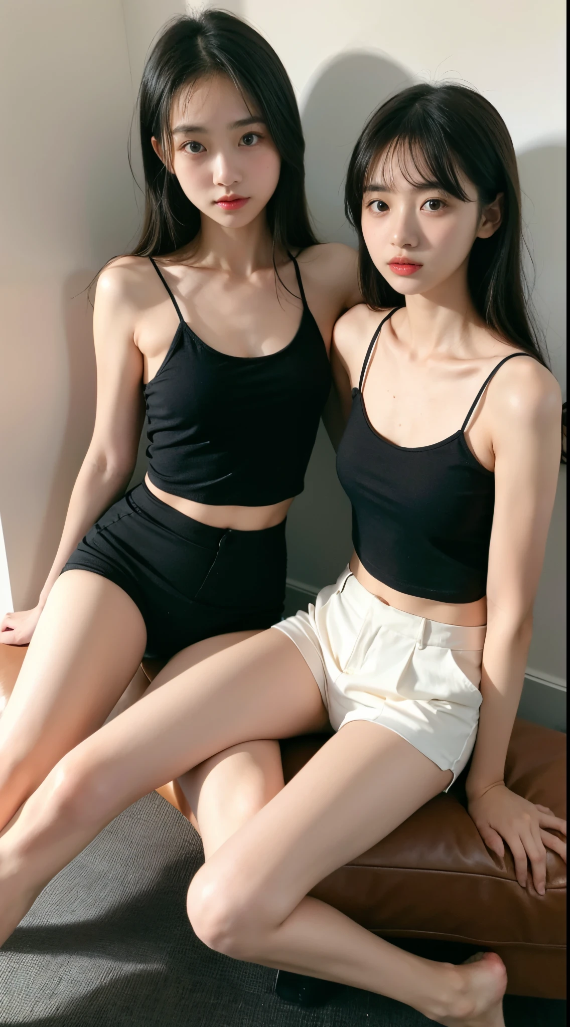 (((2 girls,Duo,Petting the))),Clear black camisole vest、Slim Japanese girl、Exposing armpits、(full body seen:1.3)、(Frame from head to toe:1.3)、