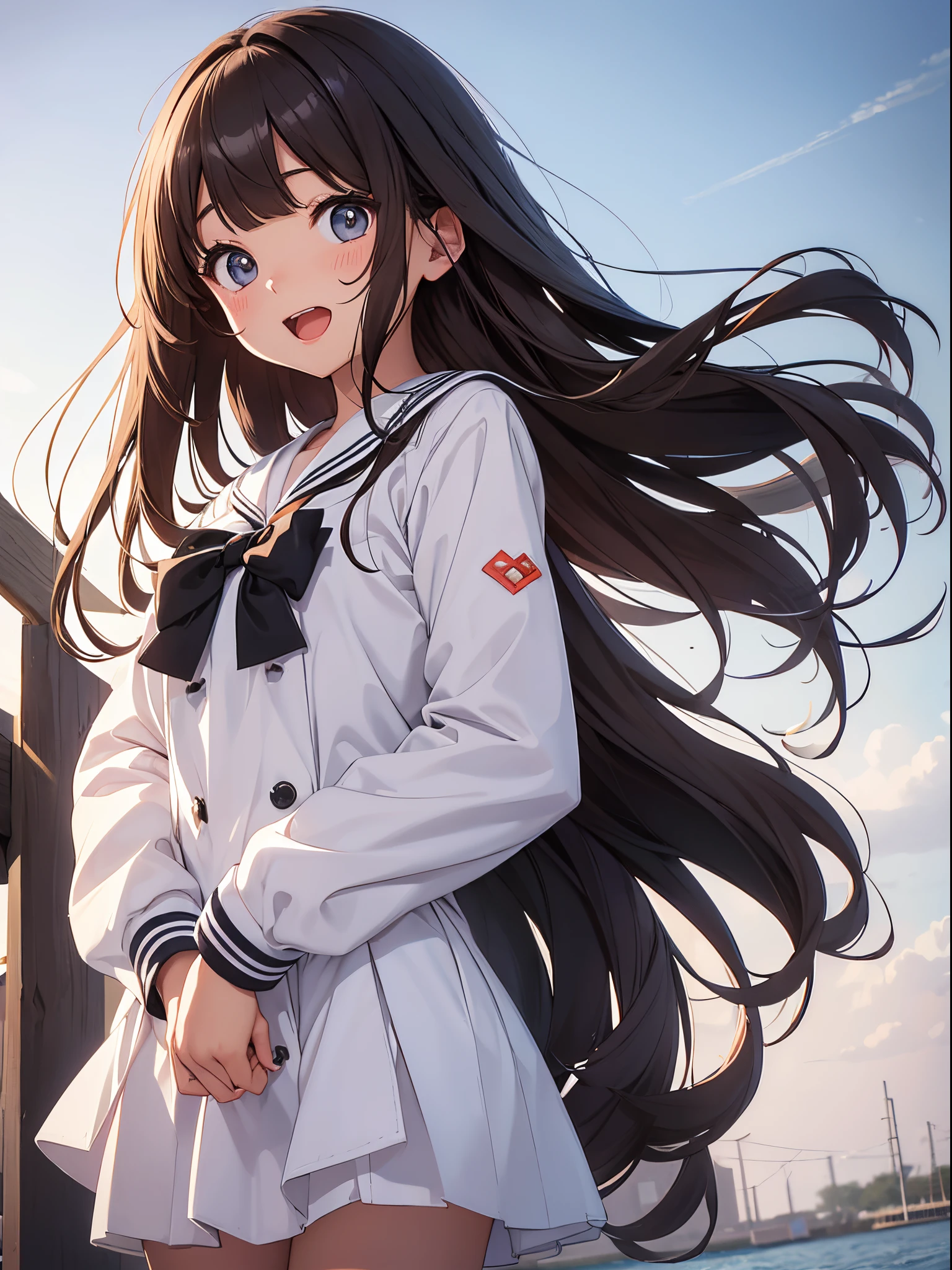 High school student in white long-sleeved sailor suit、long brown hair girl with black ribbon、Make a big jump in the evening sky by yourself、Single, big eyes、kawaii、Opens mouth and laughs、