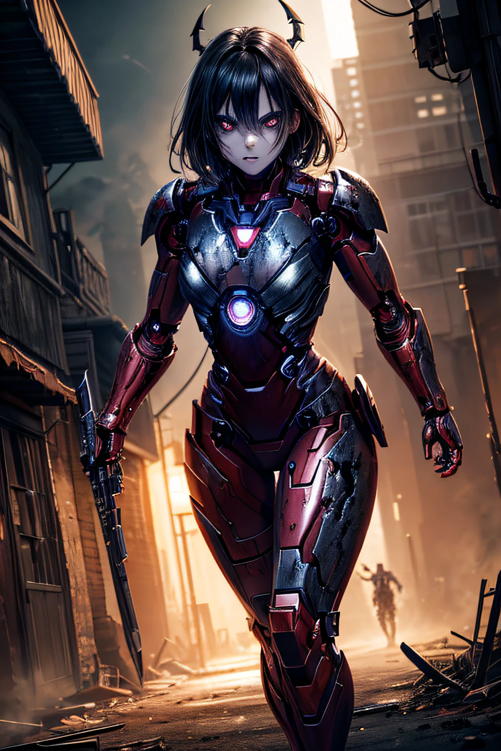 dead rotting evil zombie girl, demonic comic accurate costume iron man, black make up, torn costume, falling apart rusty armor, sexi, revealing, bloody, psychotic, dark, glowing eyes, evil, combat stance, highly detailed, vibrant appearance, creative behavior, imaginative, sensual, spontaneous, small breasts, sexi, highest quality, skin texture, intricate details, (cinematic lighting), RAW photo, 8k, masterpiece,best quality,ultra-detailed,very detailed illustrations,extremely detailed,intricate details,highres,super complex details,extremely detailed 8k cg wallpaper,