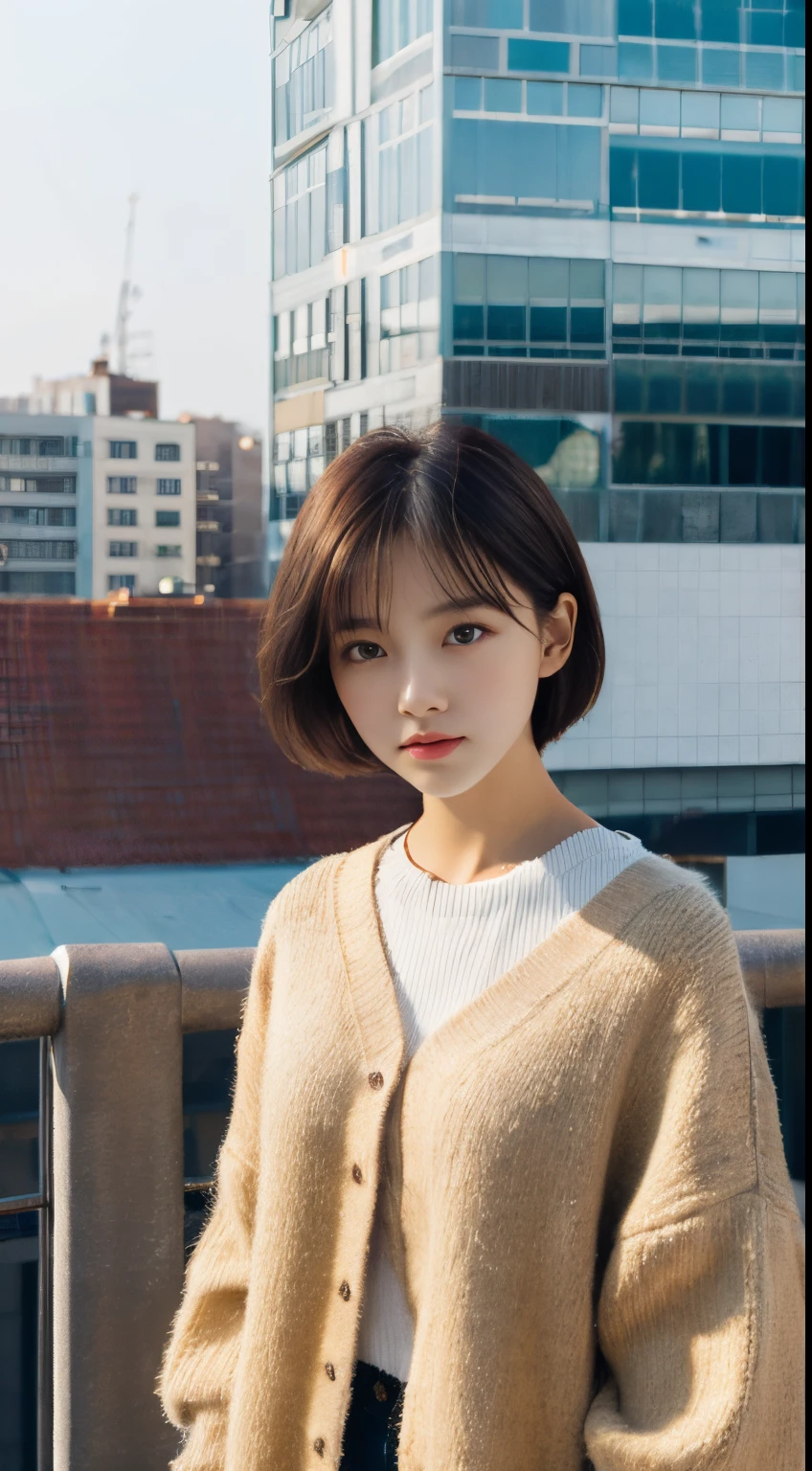 high detailing, Clarity,super beauty images,  younggirl, 18 years old, Light gray hair, Short haircut, Yellow eyes, Stand on the roof of a building, Realism, Fantasy,fully body photo、Urban cityscape,