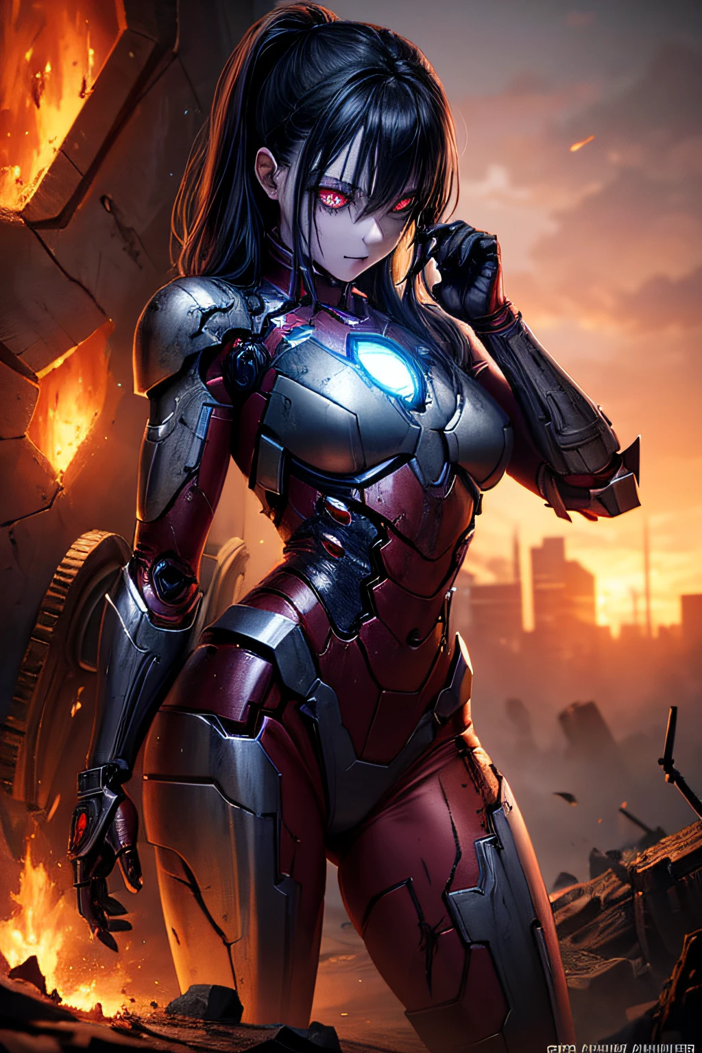 dead rotting evil zombie girl, demonic comic accurate costume iron man, black make up, torn costume, falling apart rusty armor, sexi, revealing, bloody, psychotic, dark, glowing eyes, evil, combat stance, highly detailed, vibrant appearance, creative behavior, imaginative, sensual, spontaneous, small breasts, sexi, highest quality, skin texture, intricate details, (cinematic lighting), RAW photo, 8k, masterpiece,best quality,ultra-detailed,very detailed illustrations,extremely detailed,intricate details,highres,super complex details,extremely detailed 8k cg wallpaper,