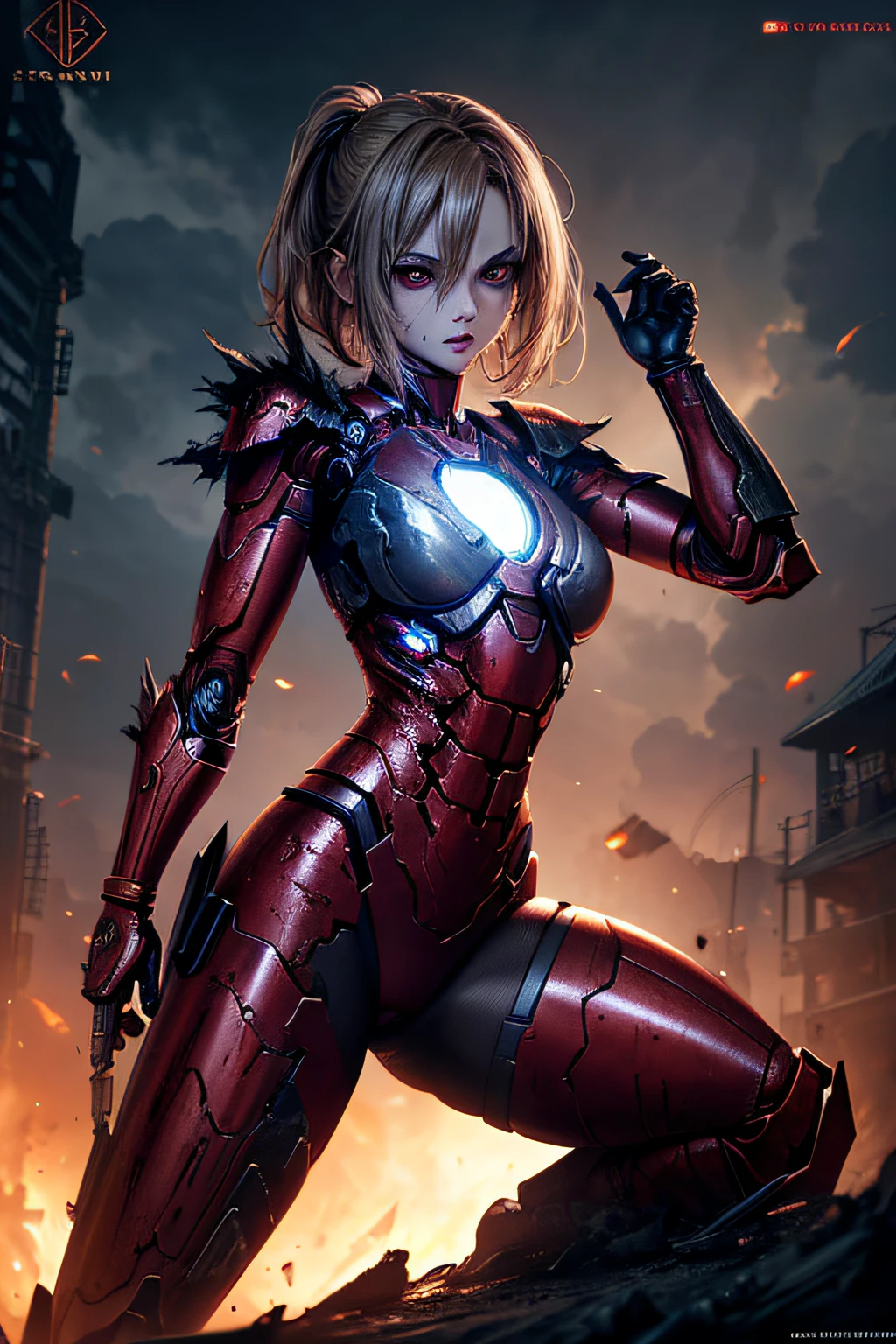 ((Best quality)), ((masterpiece)), (detailed: 1.4), A muscular 35-year-old Russian warrior woman almost naked in the Simon Bisley style for the cover of Heavy Metal magazine, bare thighs, tiny thong, navel, garter belt, super short blonde hair, clean face, Minimum clothing, red carbon fiber clothing in chevron pattern, (((red clothing))), (((short-cut))), ((Annie Lennox)), (((mature woman))), full body, ((((tiny red thong )))