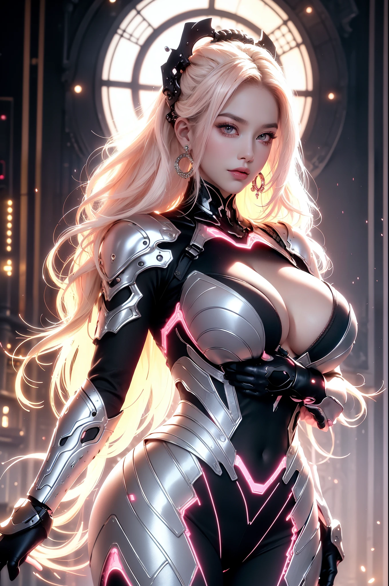 (masterpiece), best quality, expressive eyes, perfect face, beautiful details face, beautiful round eyes, upper body, A beautiful mature woman in cyber armour suit shows her Extremely busty and attractive breasts, (light smile), (platinum pink hair), (high ponytail, expressive hair, shiny hair, glowing hair, multicolored hair, gradient hair, colored inner hair, straight hair, medium long hair), fair skin, (beautiful detailed full bodysuit:1.3), full body cyber armour, glowing and shining armour, silver and pink cyber armour, (Edge lights:1.3), (silver and pink colour scheme:1.3), neon light on armor, beautiful details eyes, (pink eyes:1.3), (glowing eyes:1.2), (Gigantic saggy breasts:1.5), thick body, (well accentuated curves), pink lips, (silver nails), mascara, Long eyelashes, eyeliners, (Extremely wide well defined hips:1.3), (beautiful massive thick thighs:1.3), slender figure, (Extremely detailed skin texture:1.2), beautiful detailed realistic muscle definition, golden lights that shimmer, high detailed eyes, ultra-high quality model, proportionate, intense colouration fantasy, (background spiral galaxy, beautiful background), pink and silver tetradic colours, earrings, (1girl), solo, shine