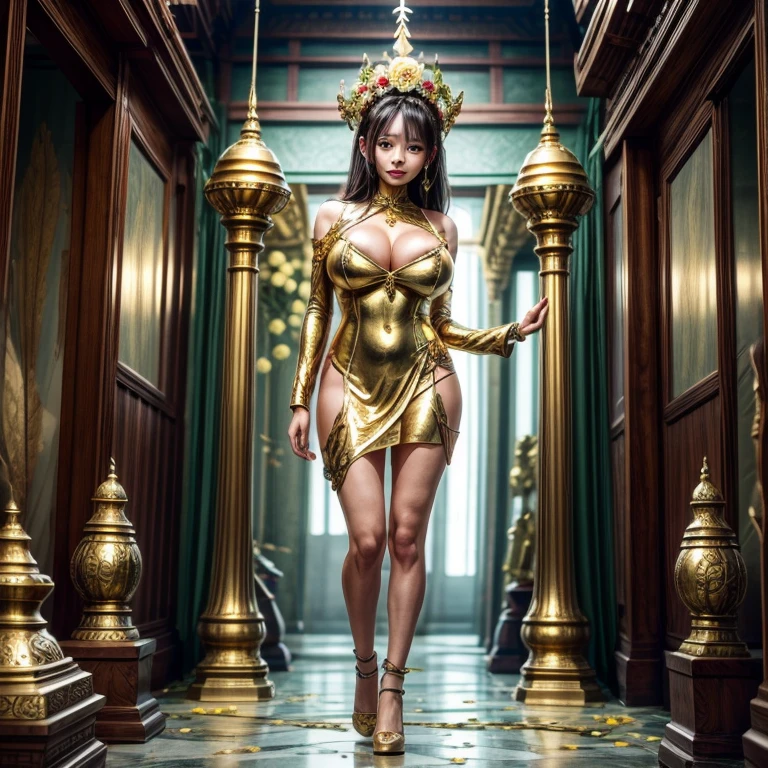 goddess and gold metal flowers in temple, full body shot,giga_busty