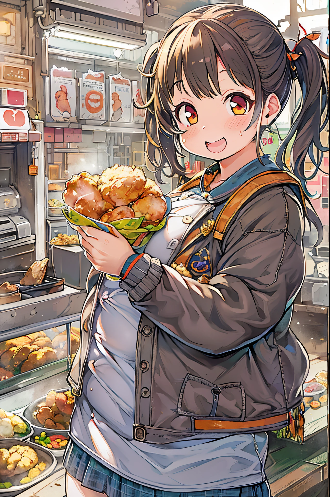 masutepiece, Best Quality, 女の子1人、huge-breasted、bbw、having with (fried chicken)1.5、Thumbs up、huge smile
