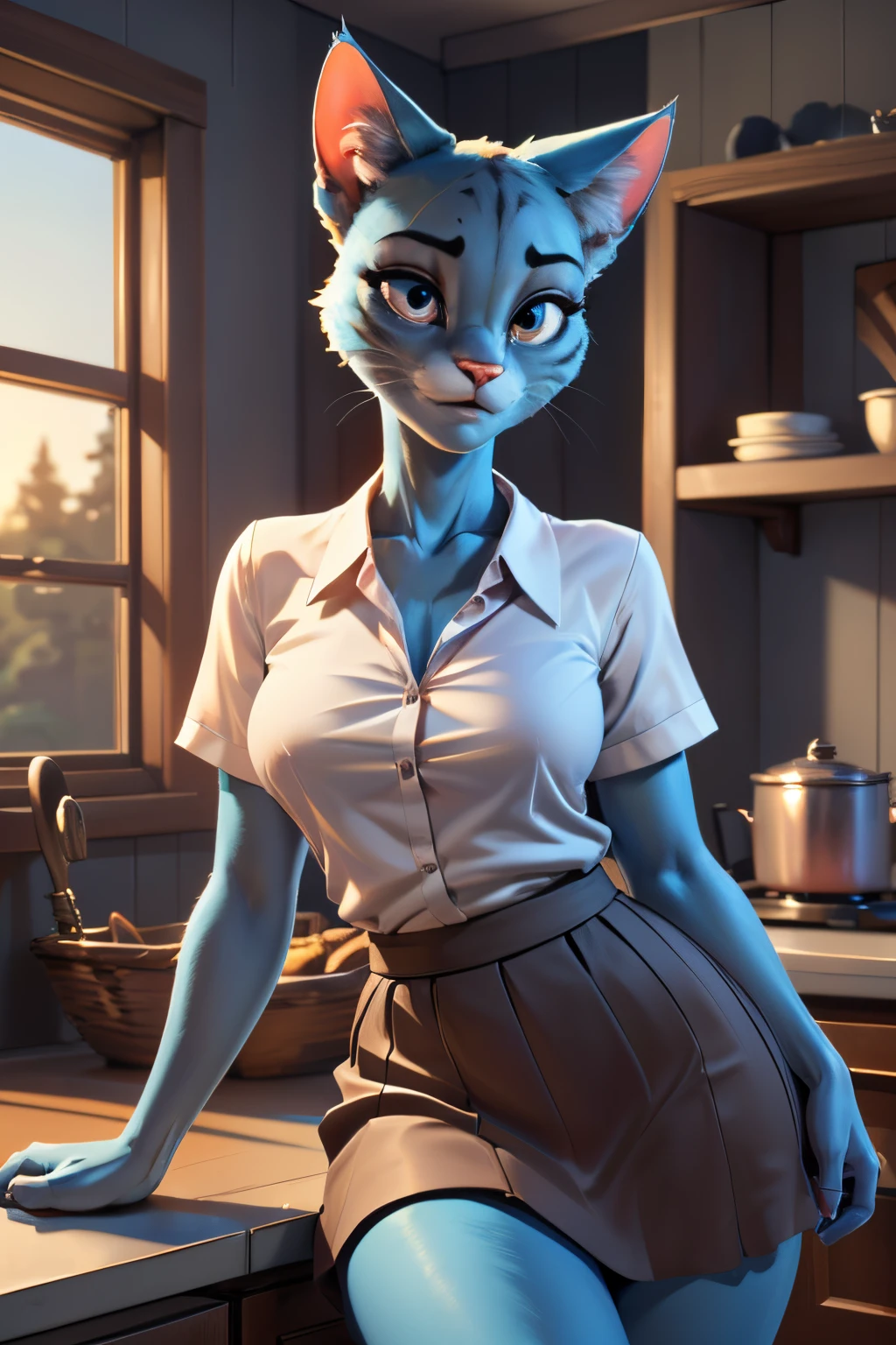 ((ultra quality)), ((tmasterpiece)), Girl-khajiit, Nicole Watterson, Milf, anthro cat, furry, ((there are only cat ears, no others)), ((there is a cat&#39;s short tail in the back)), ((Face Clean)), Beautiful cute face, beautiful female lips, charming beauty, ((sexy facial expressions)), gentle smile, looks at the camera with his eyes slightly closed, ((skin color blue)), ((blue cat hair)), Body glare, ((detailed beautiful female eyes)), ((dark brown eyes)), beautiful female hands, ((perfect female figure)), ideal female body shapes, Beautiful waist, big thighs, Beautiful butt, ((Subtle and beautiful)), stands seductively leaning on the table, ((wearing a light gray skirt, white short-sleeved shirt, with sexy neckline), background: ordinary American house, kitchen, beautiful sunset in the window, ((Depth of field)), ((high quality clear image)), ((crisp details)), ((higly detailed)), Realistic, Professional Photo Session, ((Clear Focus)), ((cartoon)), the anime, NSFW