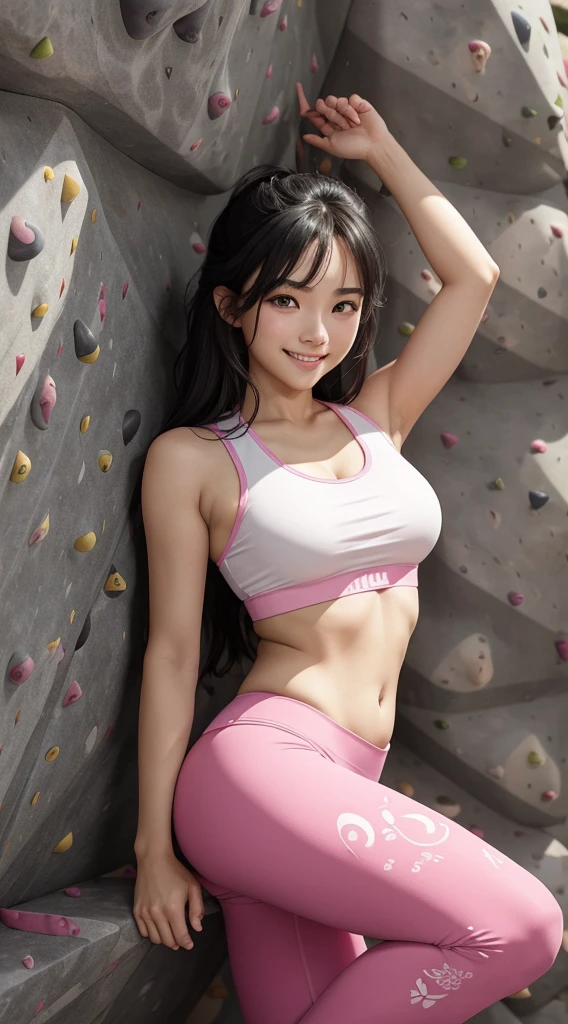masutepiece, Best Quality, Illustration, Ultra-detailed, finely detail, hight resolution, 8K Wallpaper, Perfect dynamic composition, Beautiful detailed eyes, Sporty clothing,Semi-long with black hair、,D Cup Breasts、Natural Color Lip,((( Bouldering Wall))),a smile、20 years girl、Round face、big eye、Cute、Pink leggings、Angle from above、full bodyesbian、
