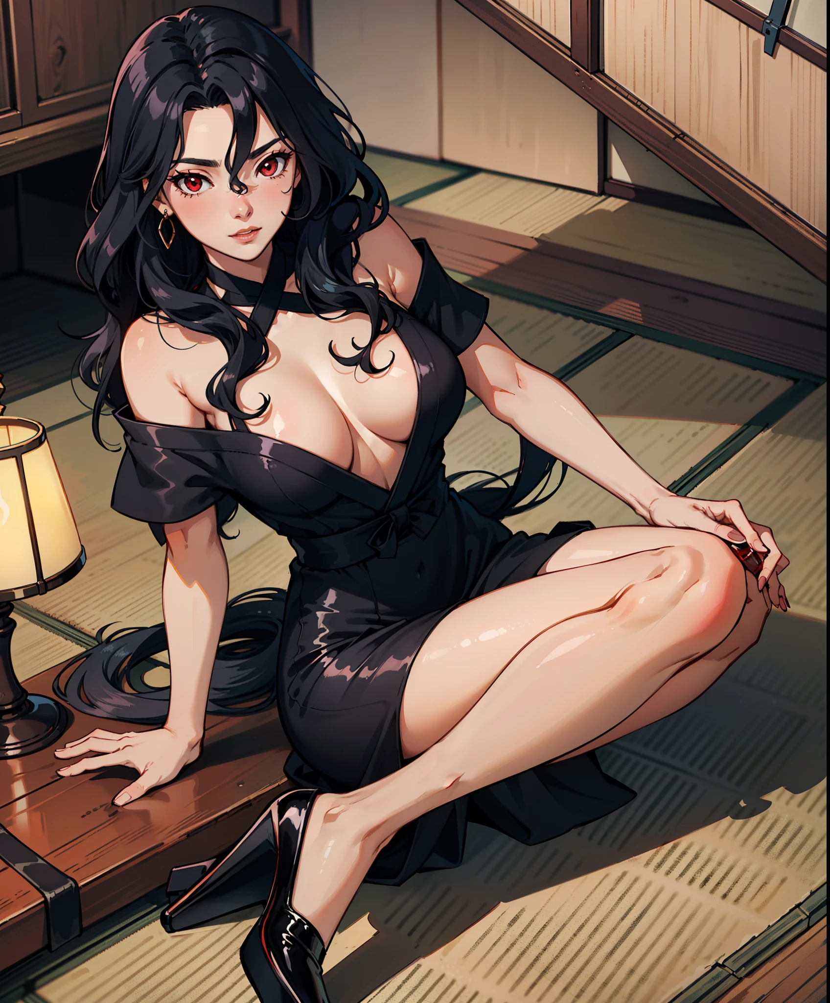 A woman (long wavy black hair, red eyes, perfect body), adult and mature, wearing a black low cut dress with black high heels, she is sipping wine in a cosy atmosphere, japanese Anime style, 4k, ultra detailed, detailed shadows