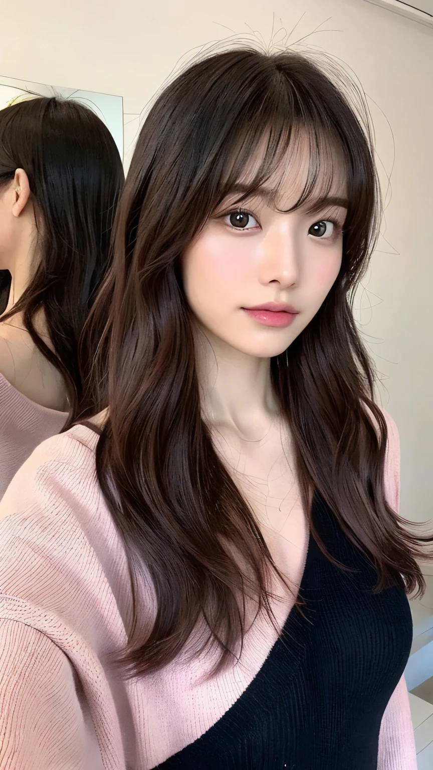 (top-quality、16K resolution)女の子1人、独奏、natural soft light、small tits、A Japanese Lady、Looking at the camera、White long-sleeved knit、(Beauty Salon Background)、Facing the front、is standing、bobhair、Woman in her late teens、Light bangs、short-hair、Salon model、Natural look、portlate、floated hair、Rolled hair、A dark-haired (Pink inner hair: 1.1)