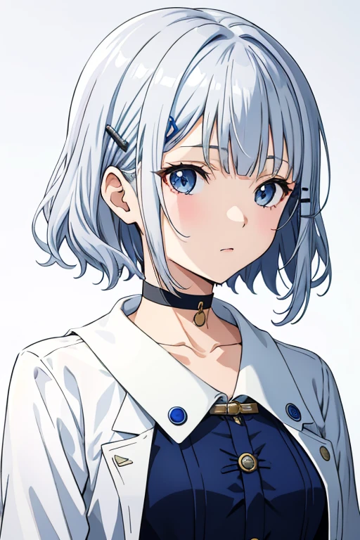 masutepiece, Best Quality, 1girl in, 

Short hair, Blue eyes, Silver hair, Wavy Hair, Blunt bangs, hair clips, coat, Dress, Choker, 

depth of fields, Portrait,　small tits　teats