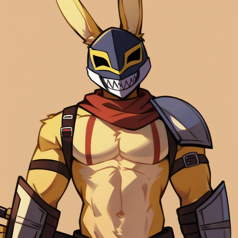 solo, male, rabbit, yellow colored fur, Wielding mask (yellow sharp teeth smile painted in mask, lean body, anthropomorphic rabbit, makeshift armor