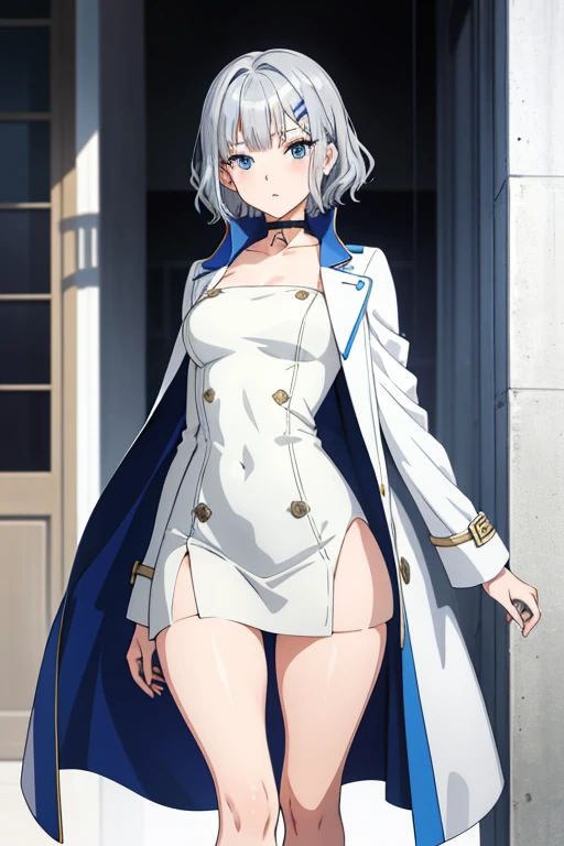 masutepiece, Best Quality, 1girl in,
Short hair, Blue eyes, Silver hair, Wavy Hair, Blunt bangs, hair clips, coat, Dress, Choker,
depth of fields, Portrait, thighs thighs thighs thighs A slender